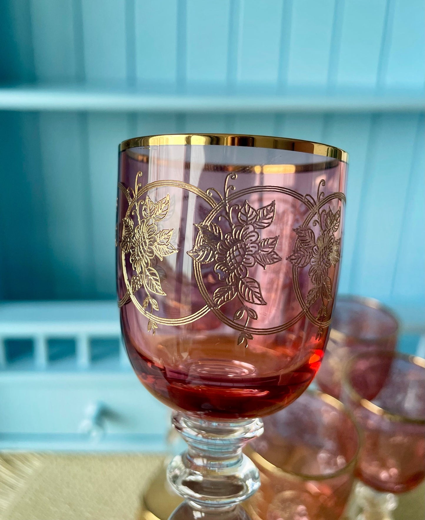 Antique Gold Rimmed Ruby Colored Sherry or Liqueur Glasses, Set of 6 Gold Engraved Glasses, Elegant Gold Detailing, Pre-War Pink/Ruby Glass