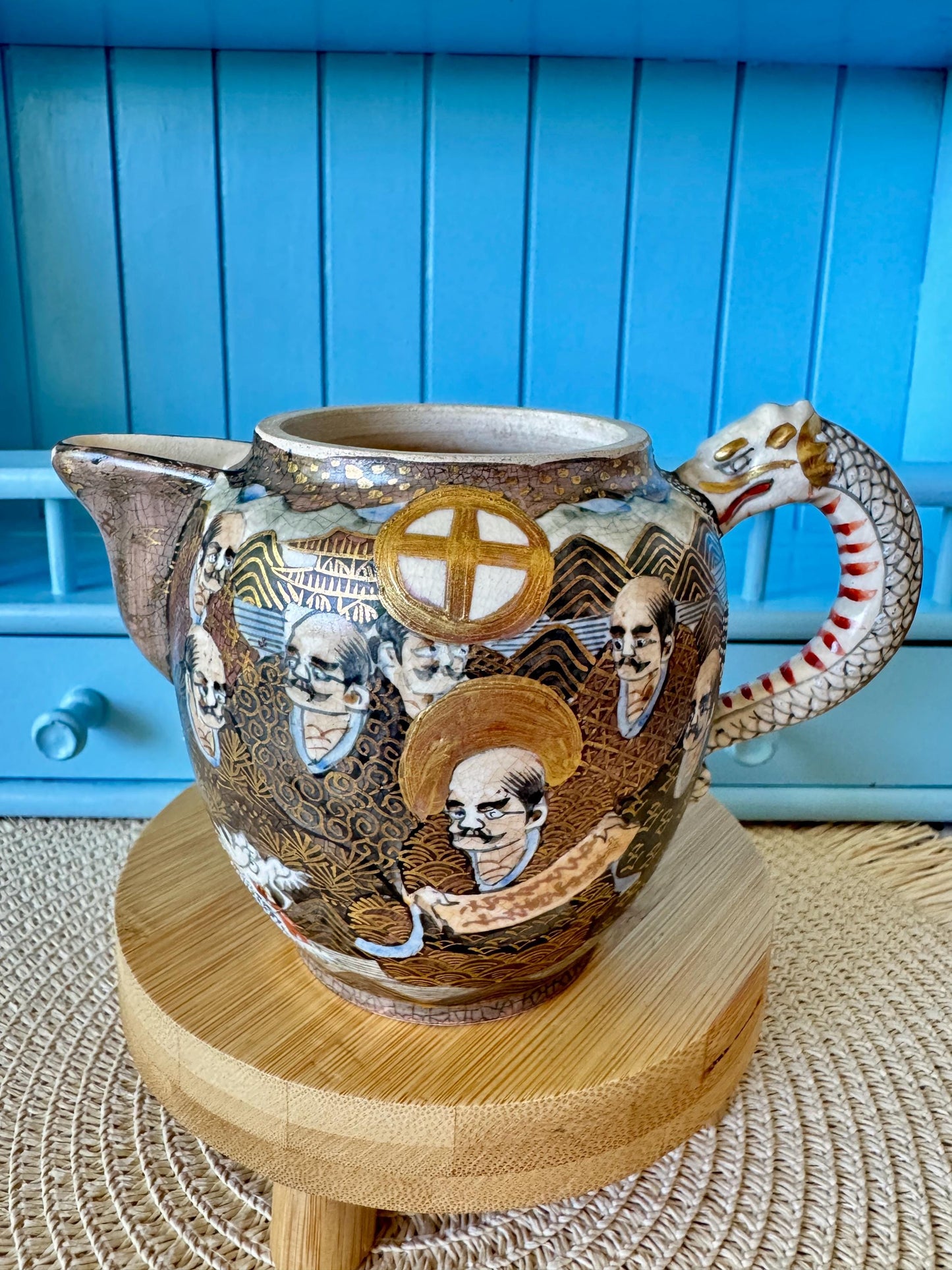 Antique Japanese Satsuma Tea Set, Meiji Era Dragon Handle Teacups, Creamer & Sugar Jar, HandPainted Gilt Porcelain, Satsuma Immortals, Japan