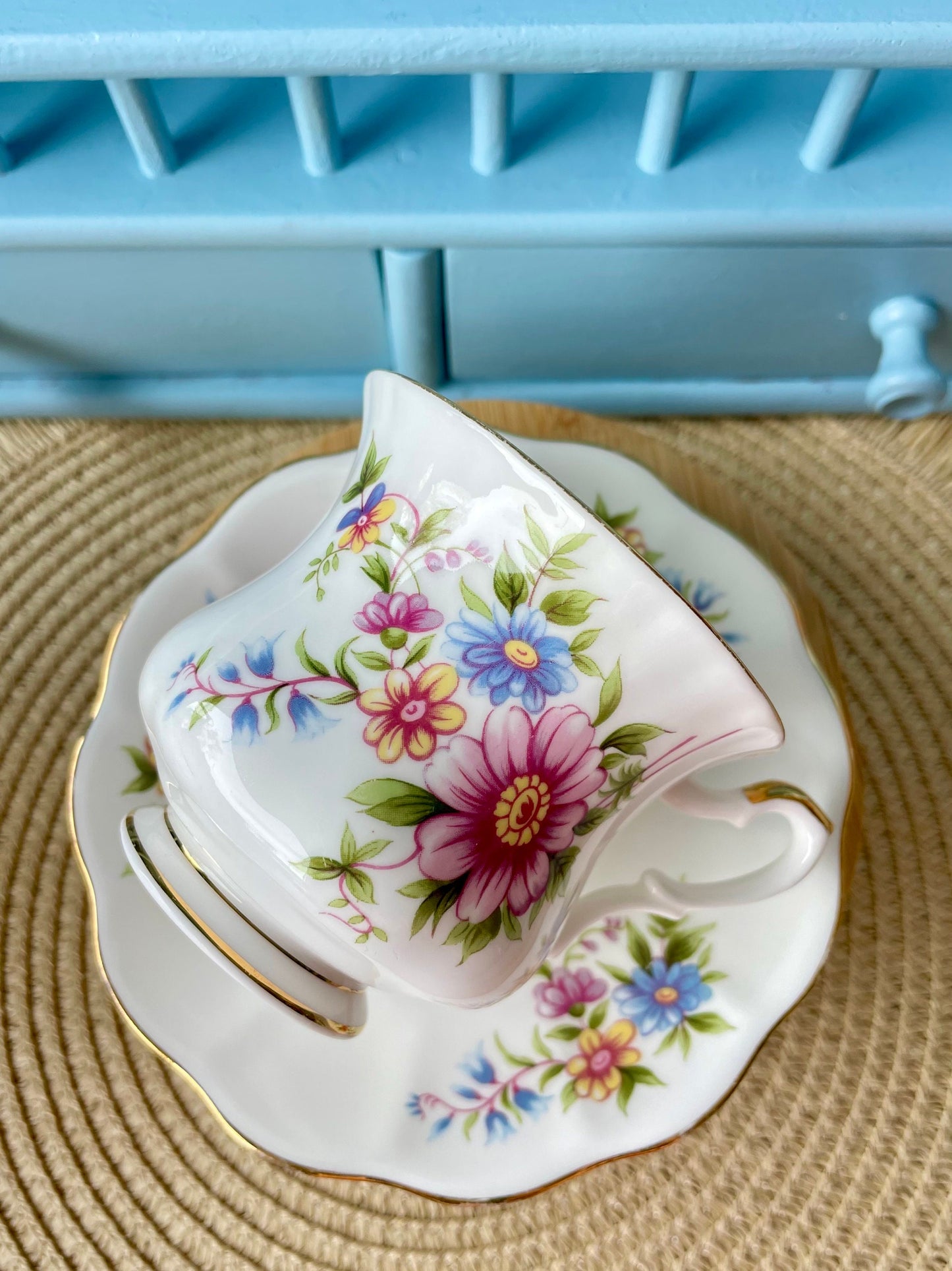 Vintage 'Royal Ascot' Blue Velvet Tea Cup And Saucer, Made In England. Fine Bone China, Previously Loved Vintage Cup, Antique British TeaCup