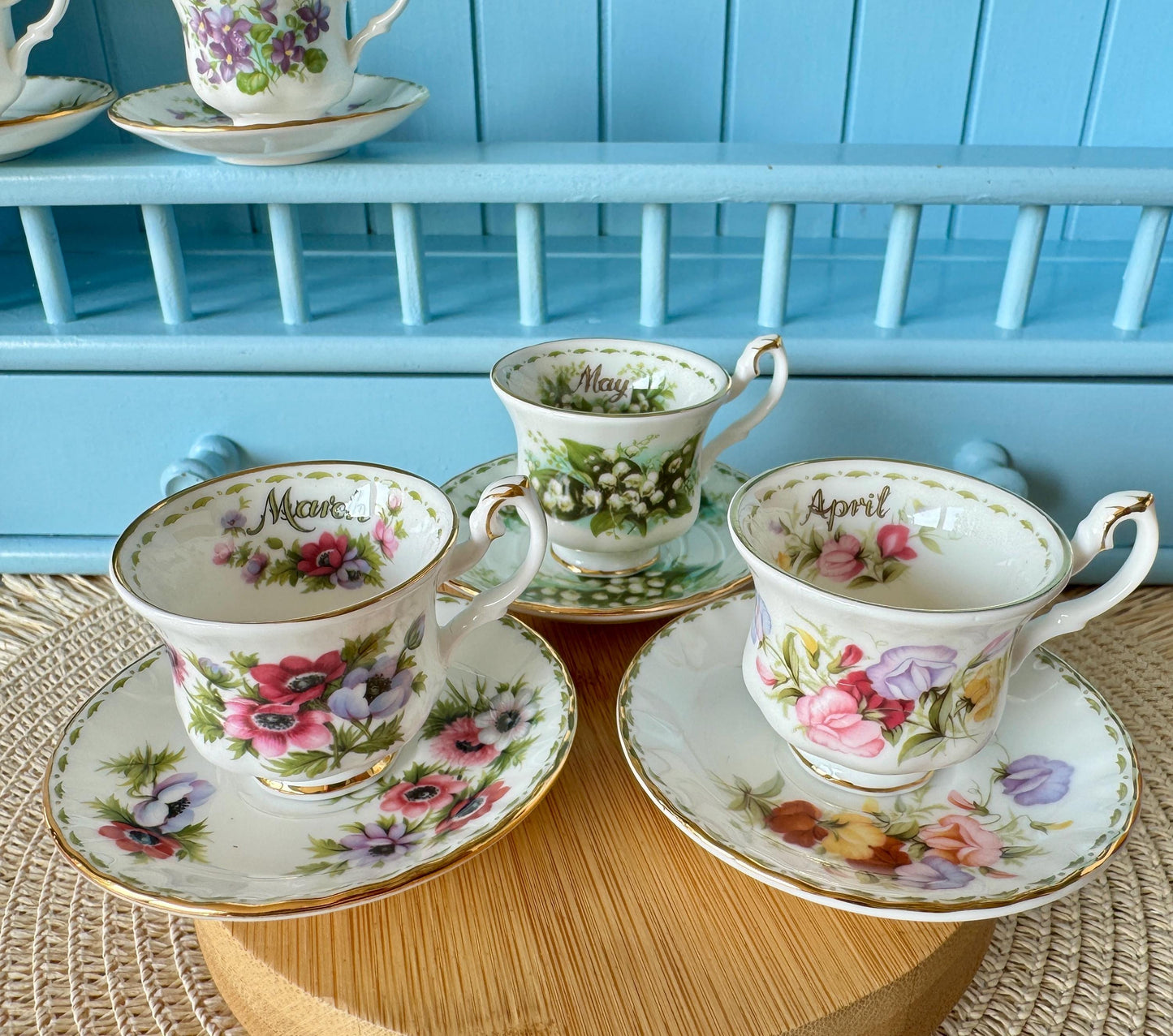Mini Vintage TeaSet of 12 'Royal Albert' Flower Of The Month Miniature Sized Cup & Saucer, Bone China, Perfect Gift, Set of 12, England