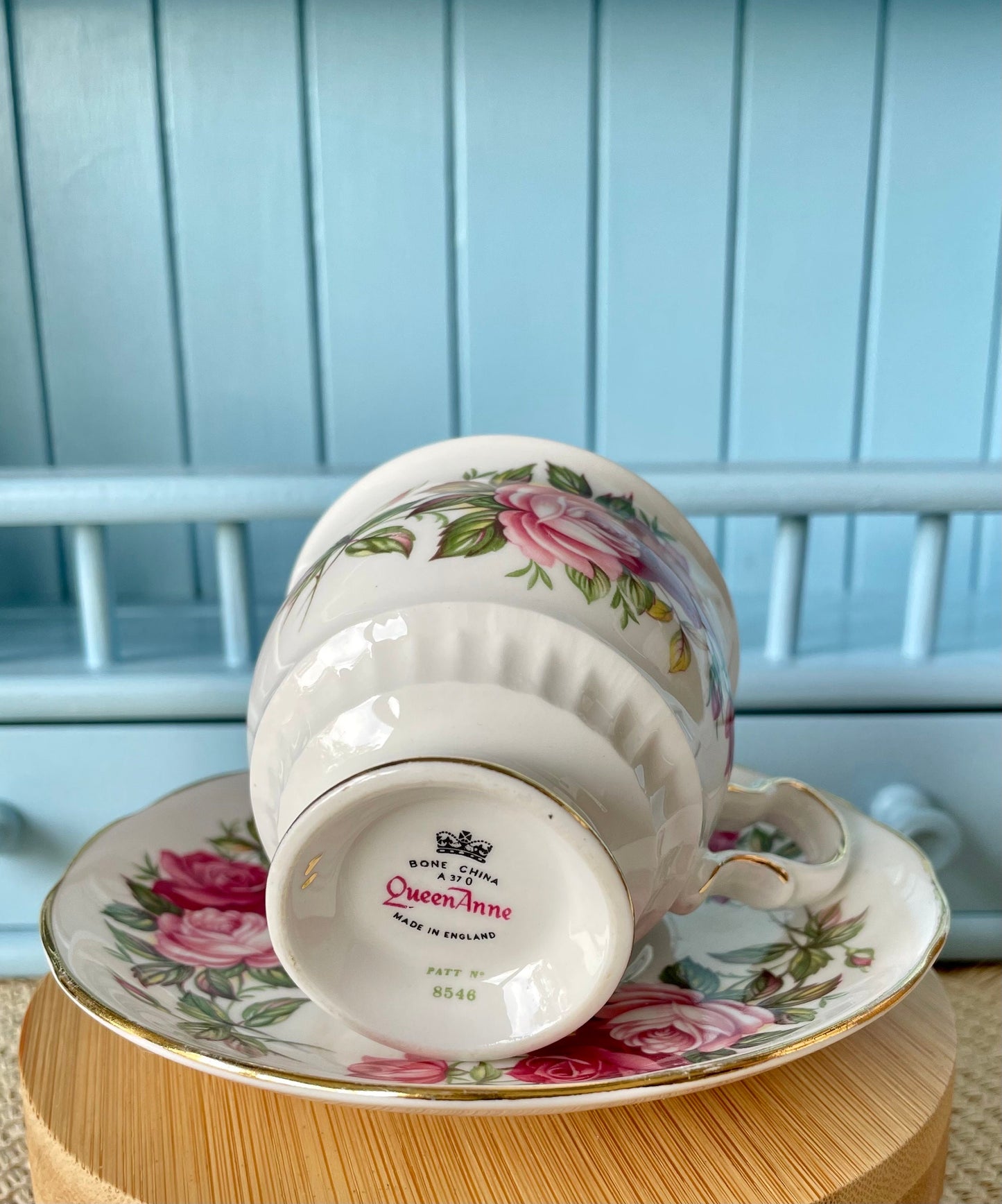 Vintage Queen Anne Cherry Blossom, Pink Floral Bone Tea Cup and Saucer, Antique English China, Previously Loved, Ribbed Cup, Made in England