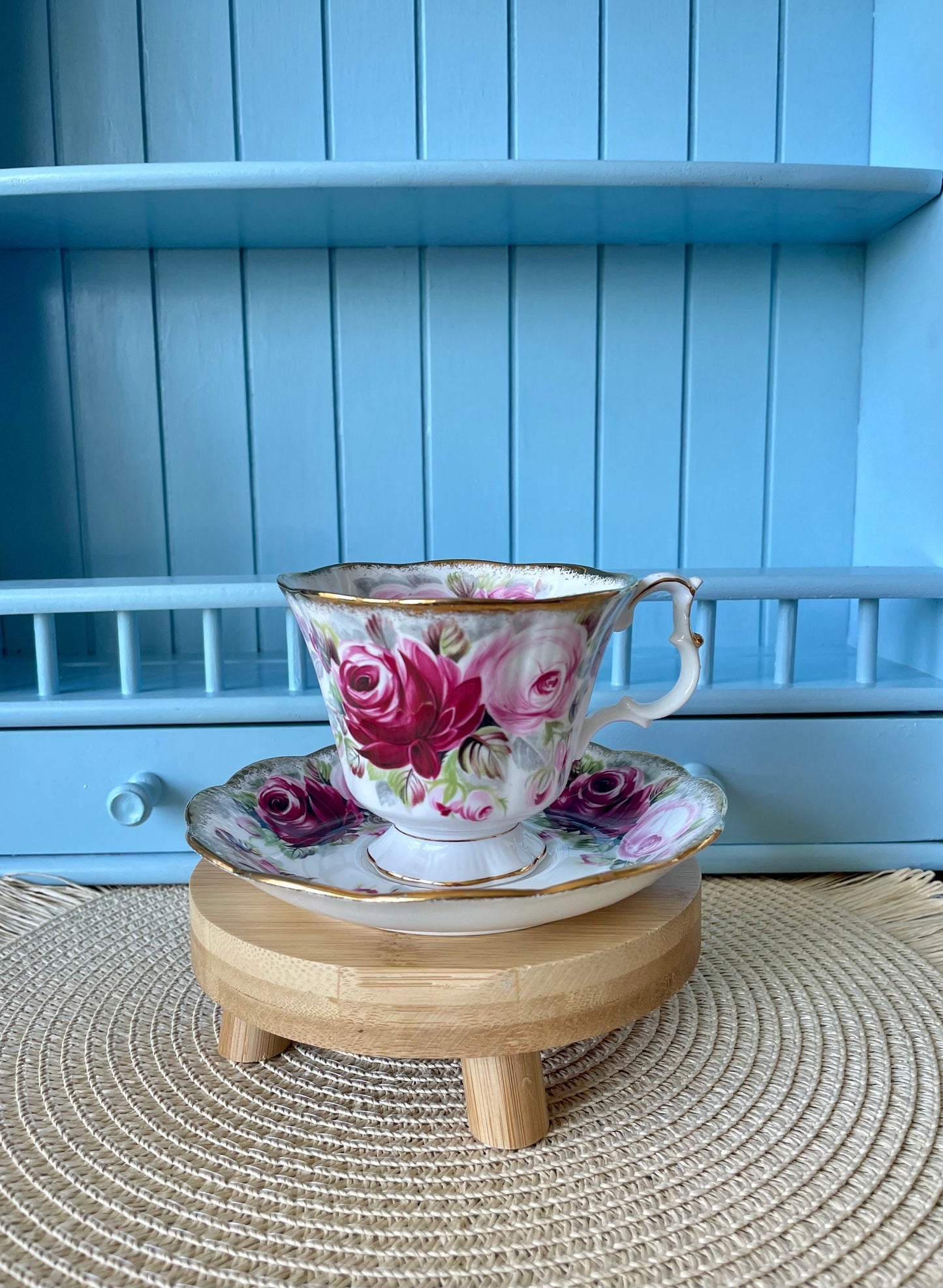 Collectors TeaCup, Royal Albert "Summer Bounty Ruby" Gainsborough Tea Set, Thick Gold, Bone China, Pink Cabbage Roses Decor, Made in England