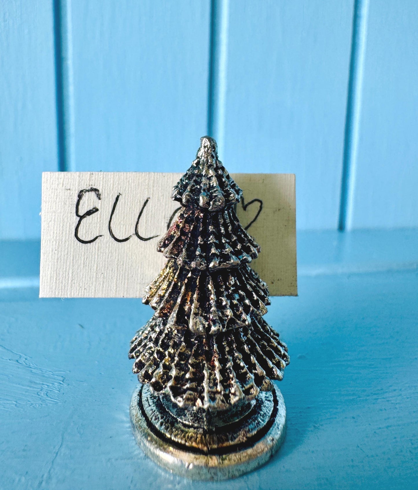 Set of 6 Christmas Tree Place Card Holders, Miniature Silver Tone Metal Table Decor, Name Card Display, Dinner Party Supplies, Event Props
