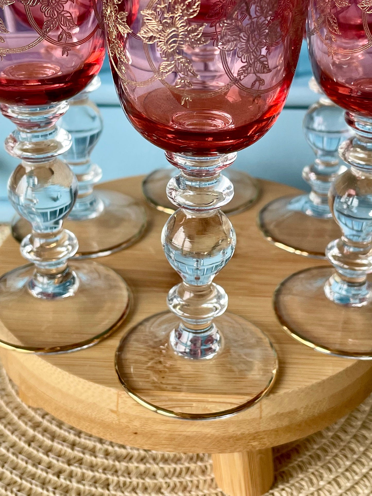 Antique Gold Rimmed Ruby Colored Sherry or Liqueur Glasses, Set of 6 Gold Engraved Glasses, Elegant Gold Detailing, Pre-War Pink/Ruby Glass