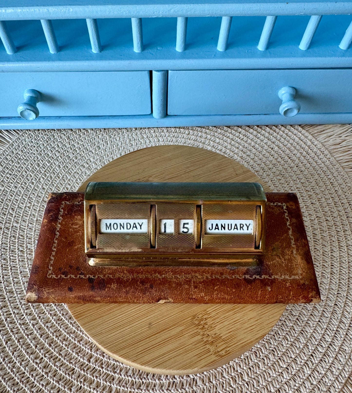 Beautiful Vintage Art Deco Perpetual Calendar by LeatherSmiths, 1960s Design, Fully Functional, Brass Calendar, Brown Leather Base, England