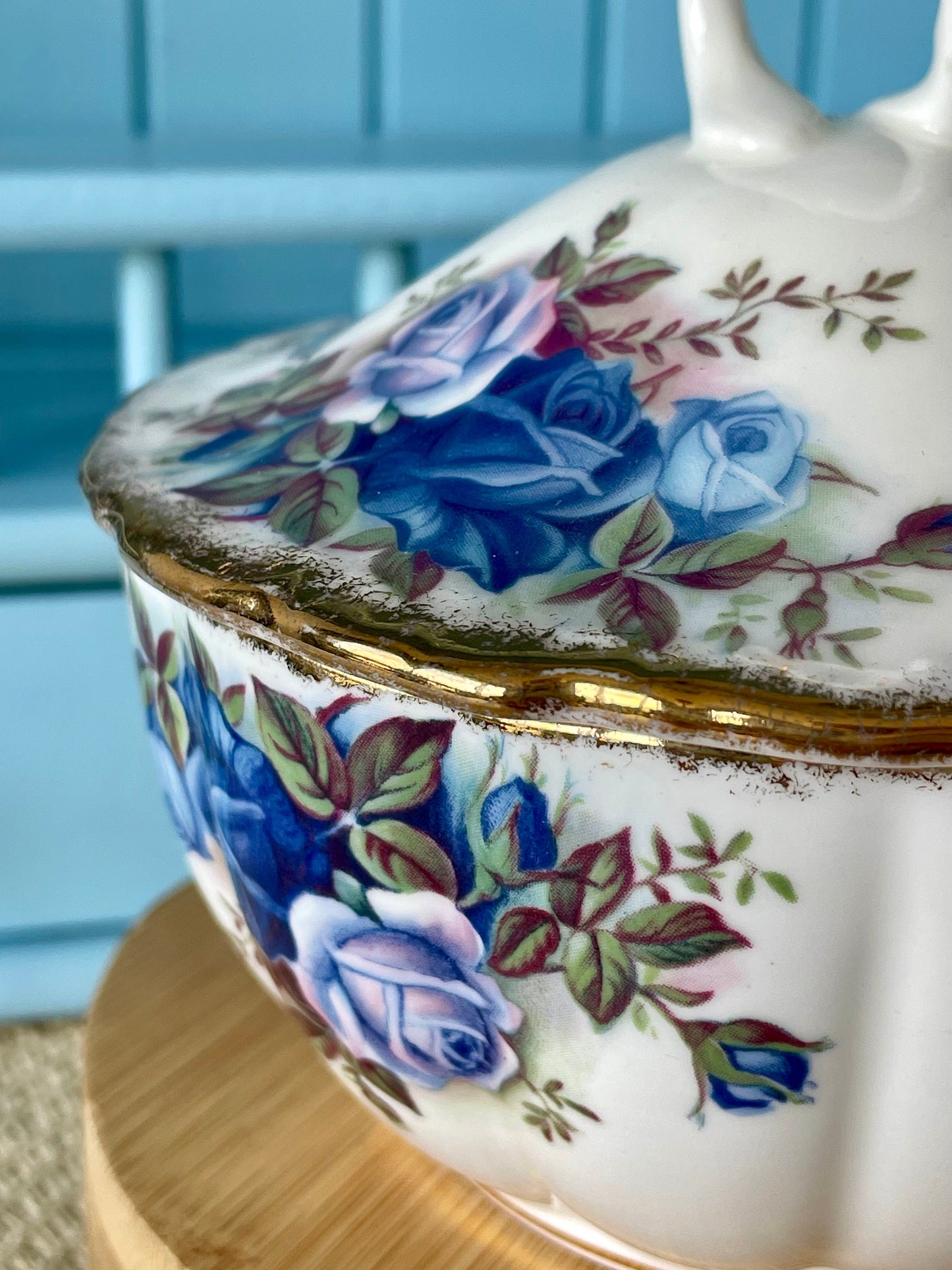 Vintage Royal Albert Moonlight Rose Candy Dish with Lid, Blue Roses & Gold Trim, Perfect for Candy, Bonbon Dish, English Bone China