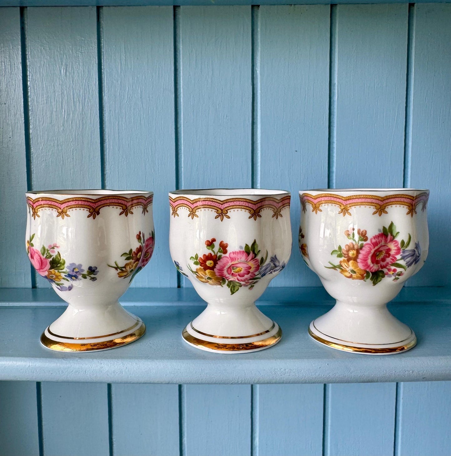 Hard to Find Vintage Royal Albert "Lady Carlyle" Set of 6 Egg Cups with Sandwich Plate, Bone China, Previously Loved, Pink Roses, England