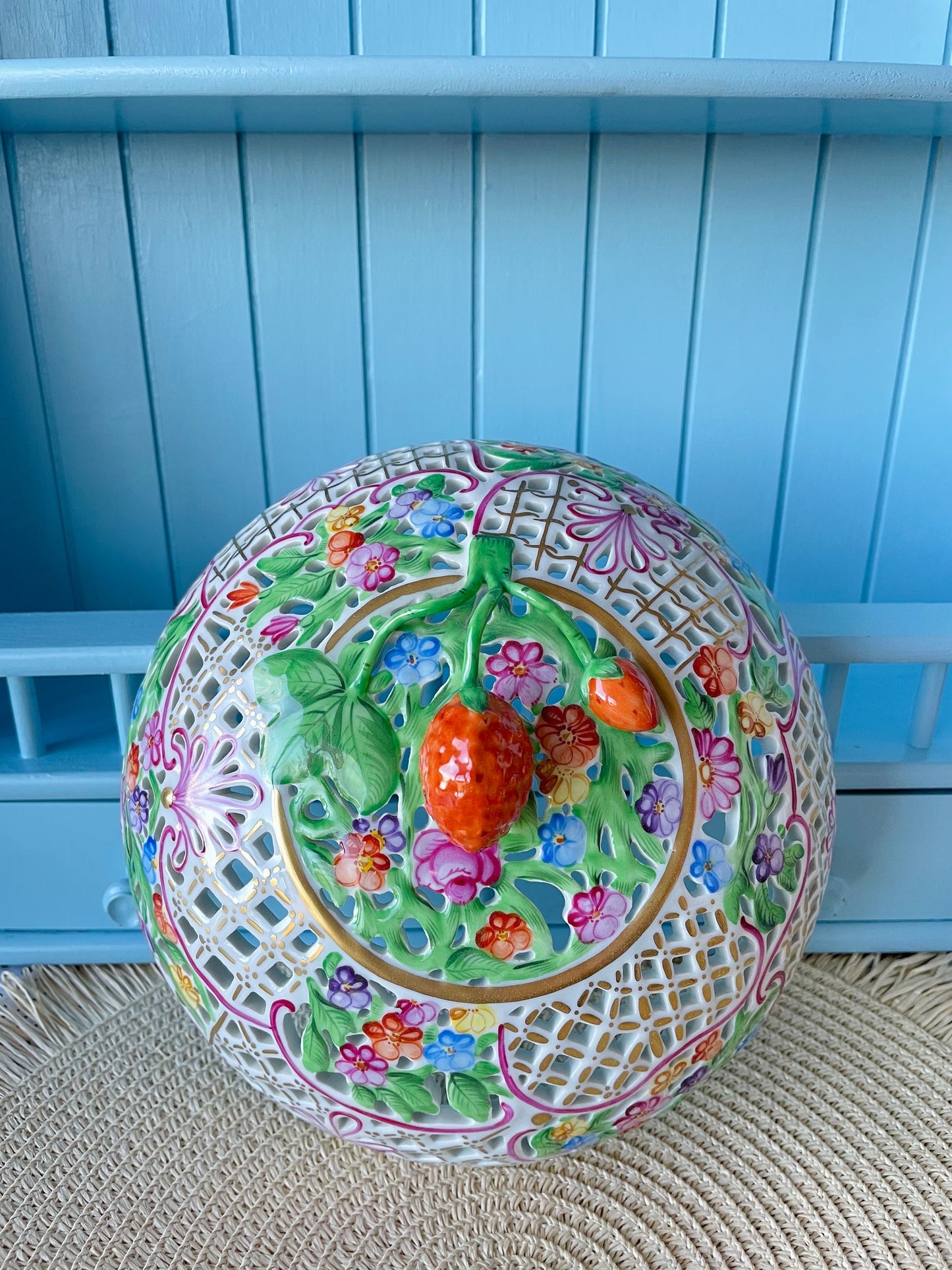 Rare Vintage Herend Porcelain Bonbonniere with FREE GIFT, Exquisite Design, Hand-Painted, Gold-Plated, Large Open Work Basket, Made Hungary