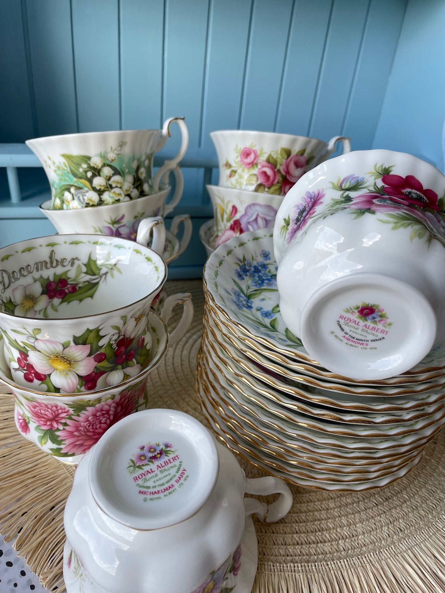 Vintage TeaSet of 12 'Royal Albert' Flower Of The Month Gentleman Sized Cup & Saucer, Fine Bone China, Perfect Gift, Made in England