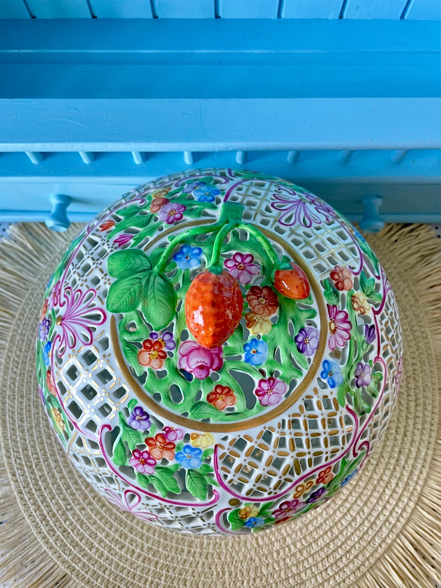 Rare Vintage Herend Porcelain Bonbonniere with FREE GIFT, Exquisite Design, Hand-Painted, Gold-Plated, Large Open Work Basket, Made Hungary