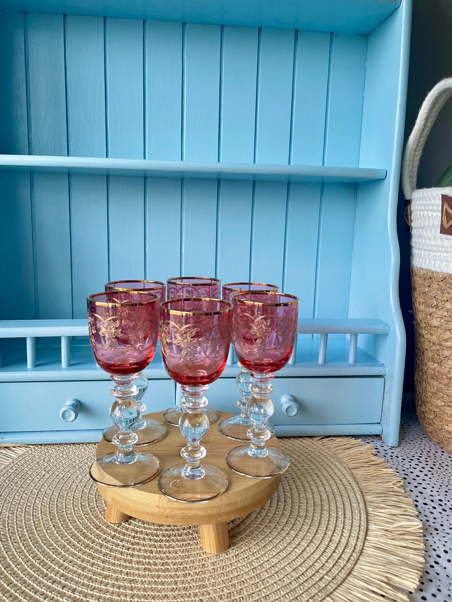 Antique Gold Rimmed Ruby Colored Sherry or Liqueur Glasses, Set of 6 Gold Engraved Glasses, Elegant Gold Detailing, Pre-War Pink/Ruby Glass