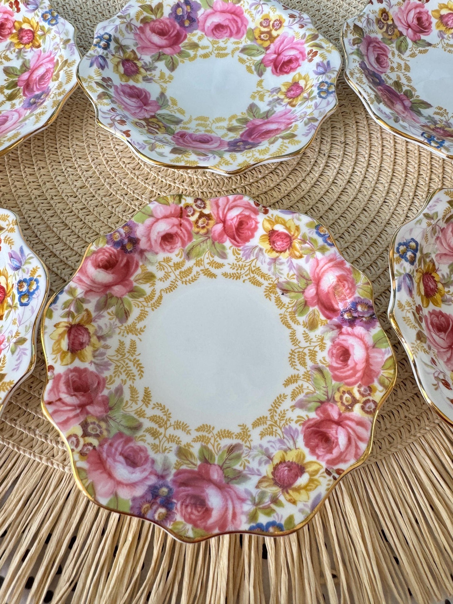 Vintage Royal Albert "Serena " Set of 6 Petit Four Dishes, Bone China, Pink Roses & Lavender Flowers Design, Previously Loved, Made England