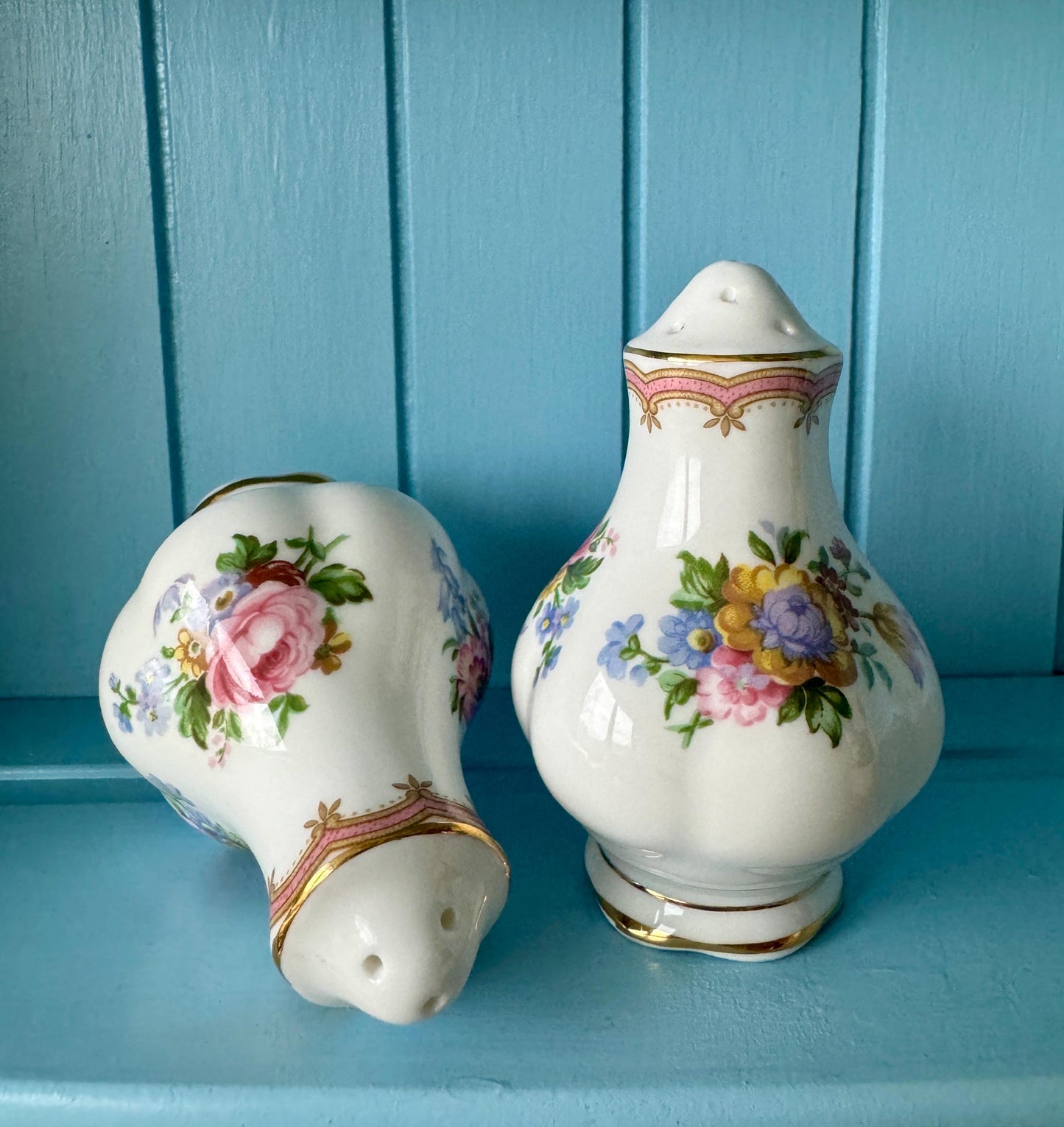 Vintage Royal Albert "Lady Carlyle" Salt & Pepper Shakers, Bone China, Previously Loved, Collectors Item, Thick Gold, Original Caps, England