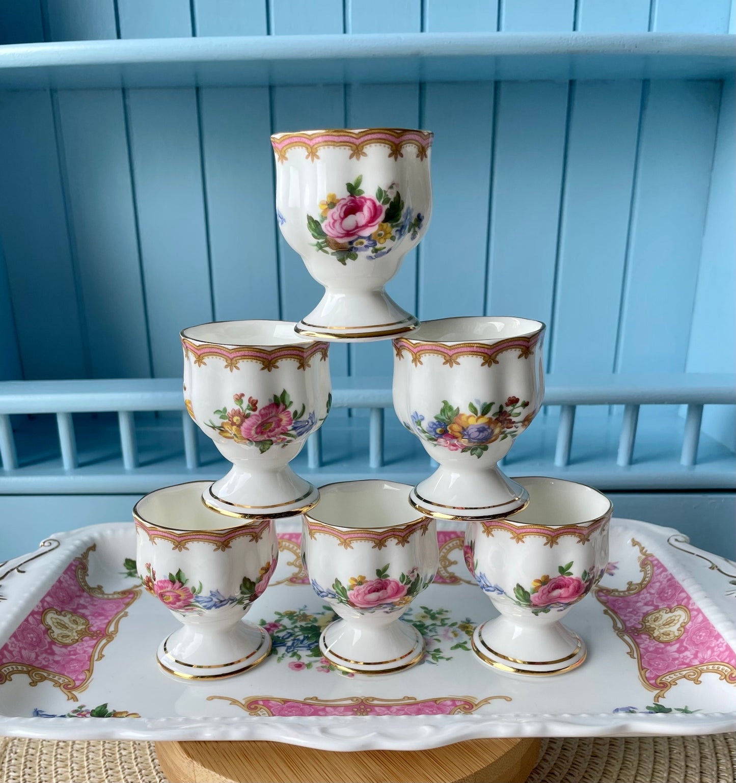 Hard to Find Vintage Royal Albert "Lady Carlyle" Set of 6 Egg Cups with Sandwich Plate, Bone China, Previously Loved, Pink Roses, England