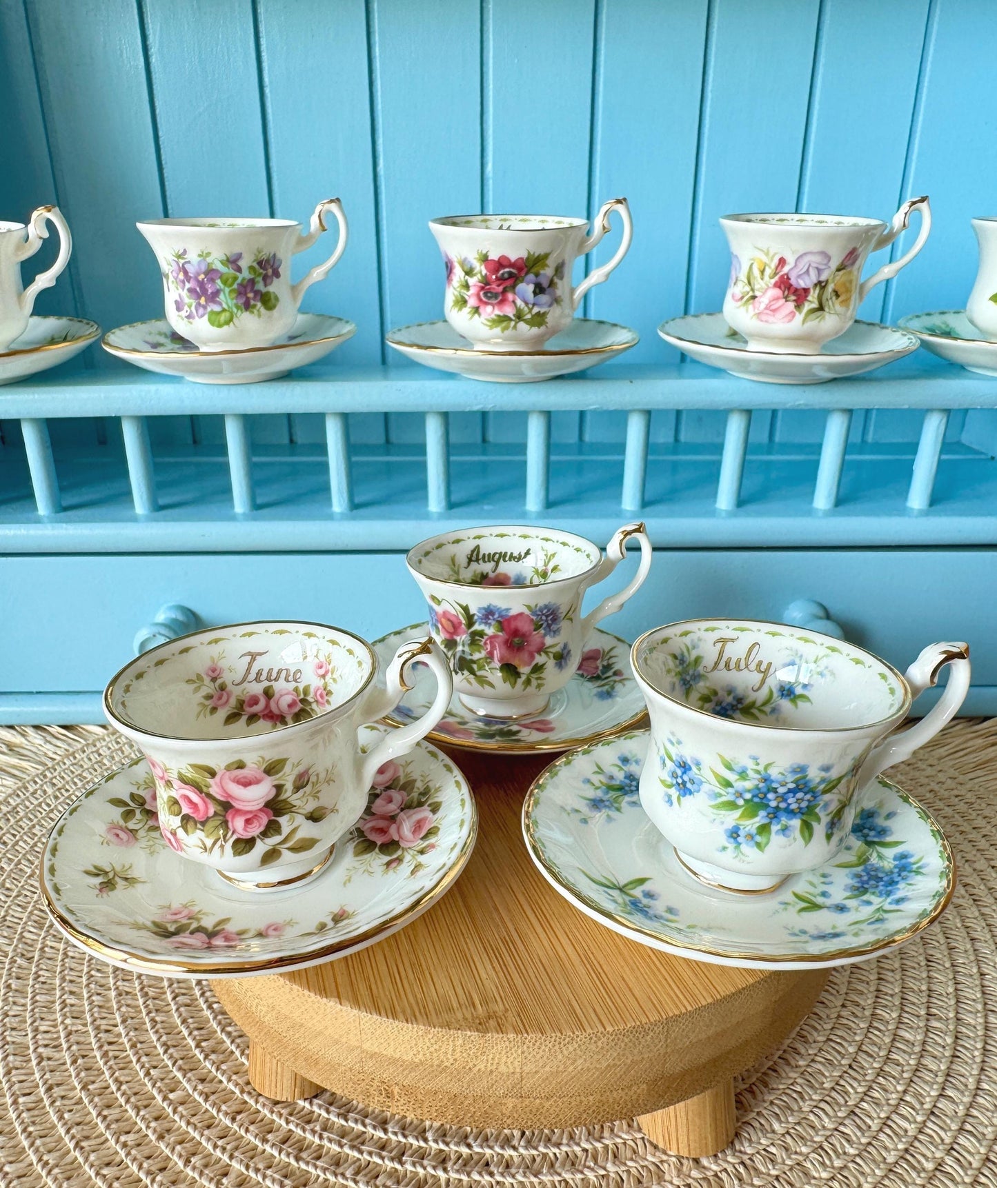 Mini Vintage TeaSet of 12 'Royal Albert' Flower Of The Month Miniature Sized Cup & Saucer, Bone China, Perfect Gift, Set of 12, England