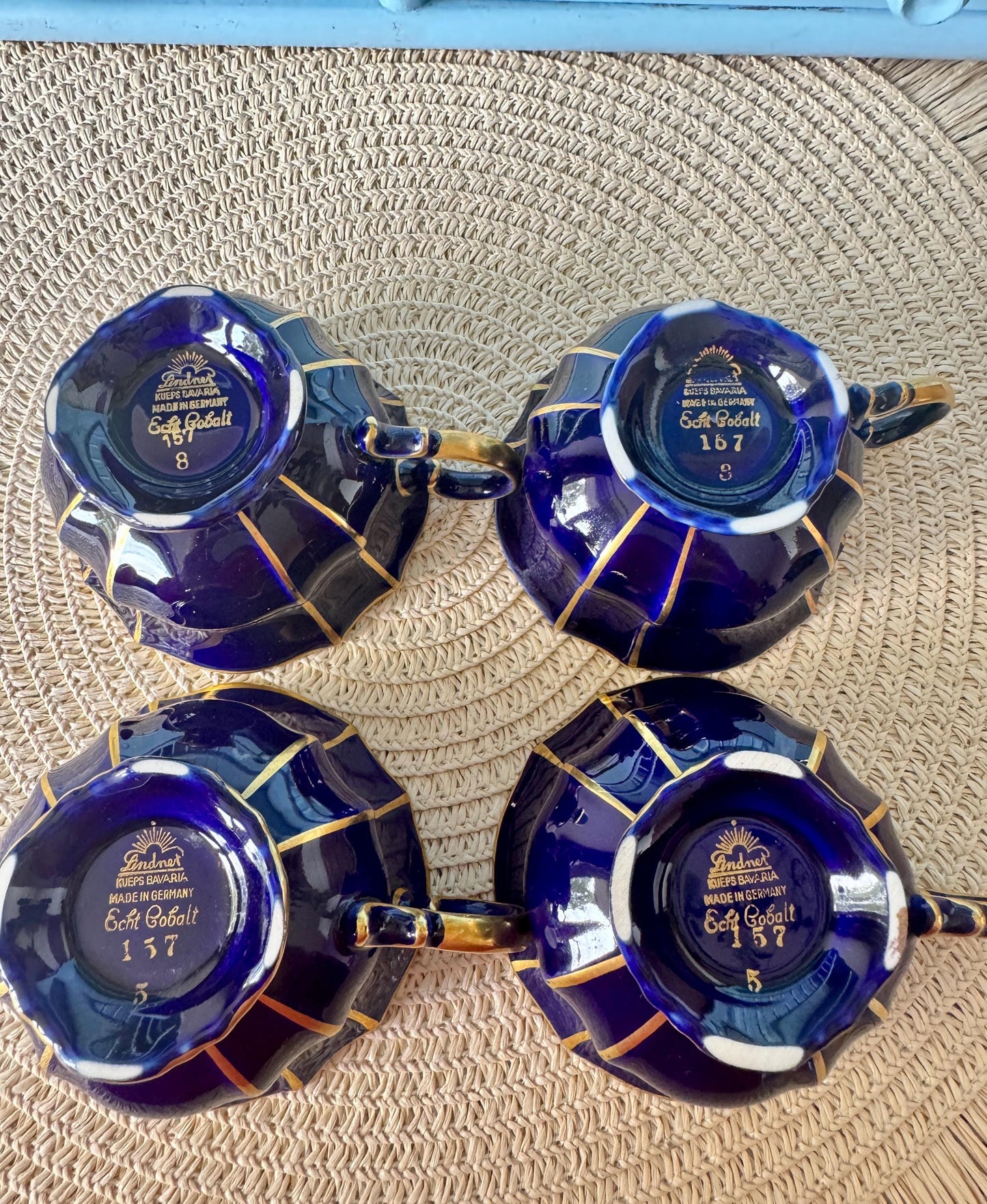 Lindner Kueps Echt Cobalt Espresso Cups Set of 4 + Bonus, No Saucers, Vintage German Porcelain, Cobalt Blue & Gold, Bavarian Espresso Cups