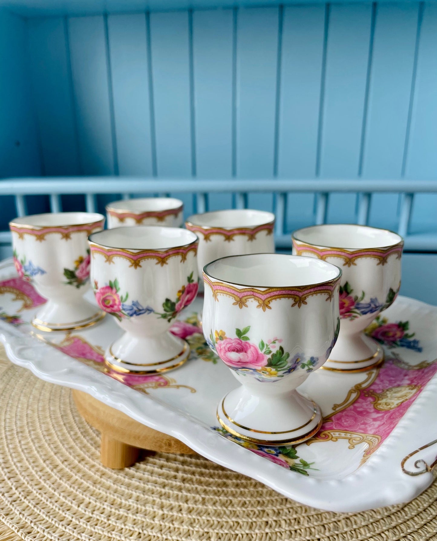 Hard to Find Vintage Royal Albert "Lady Carlyle" Set of 6 Egg Cups with Sandwich Plate, Bone China, Previously Loved, Pink Roses, England