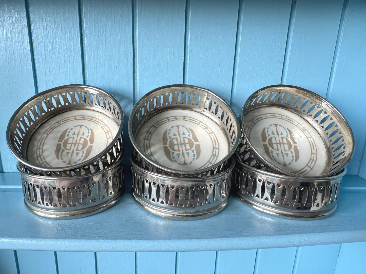 Vintage Dresden 'Villeroy & Boch' Coasters, Set 6 Coasters, Previously Loved, Collectors Item, Pierced Silver Rim, Hand-painted, German Made