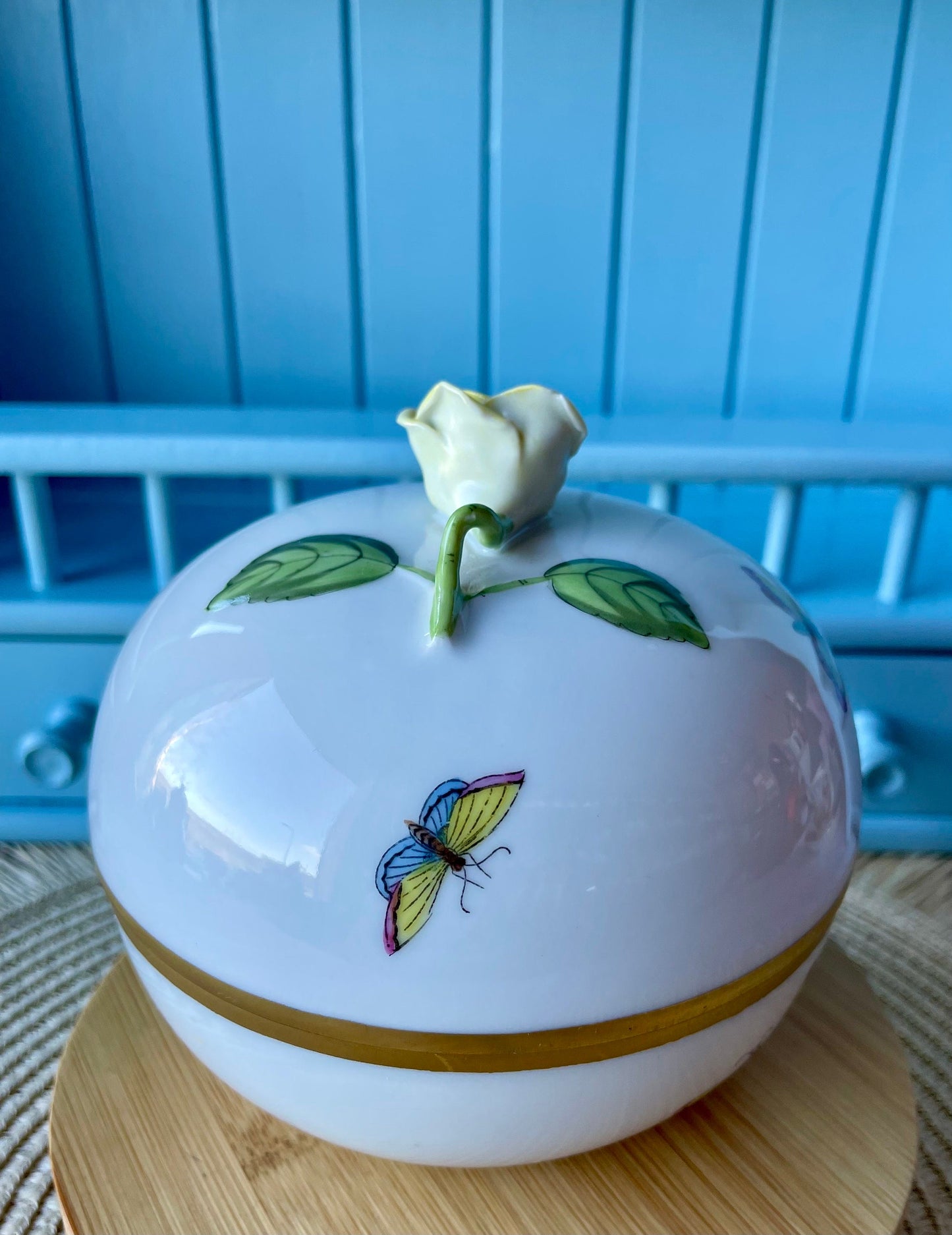 Pretty Vintage Herend Rothschild Birds Trinket Dish, HandPainted, Hungarian Porcelain, Yellow Rose Finial, Previously Loved, Made in Hungary