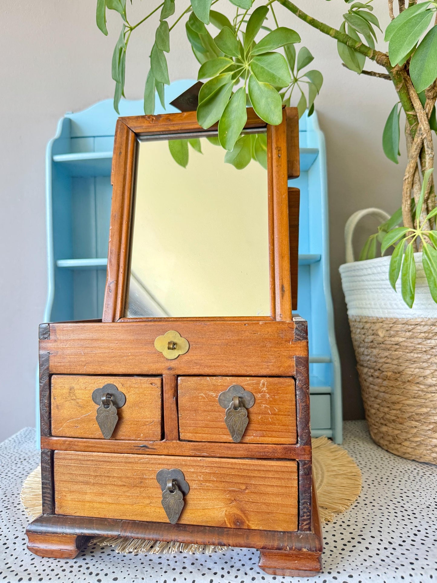 Apothecary Cabinet With Mirror, Antique Storage Unit, Colonial Solid Wooden Chest With Drawers, Oak Desktop Organizer, Shaving Cabinet