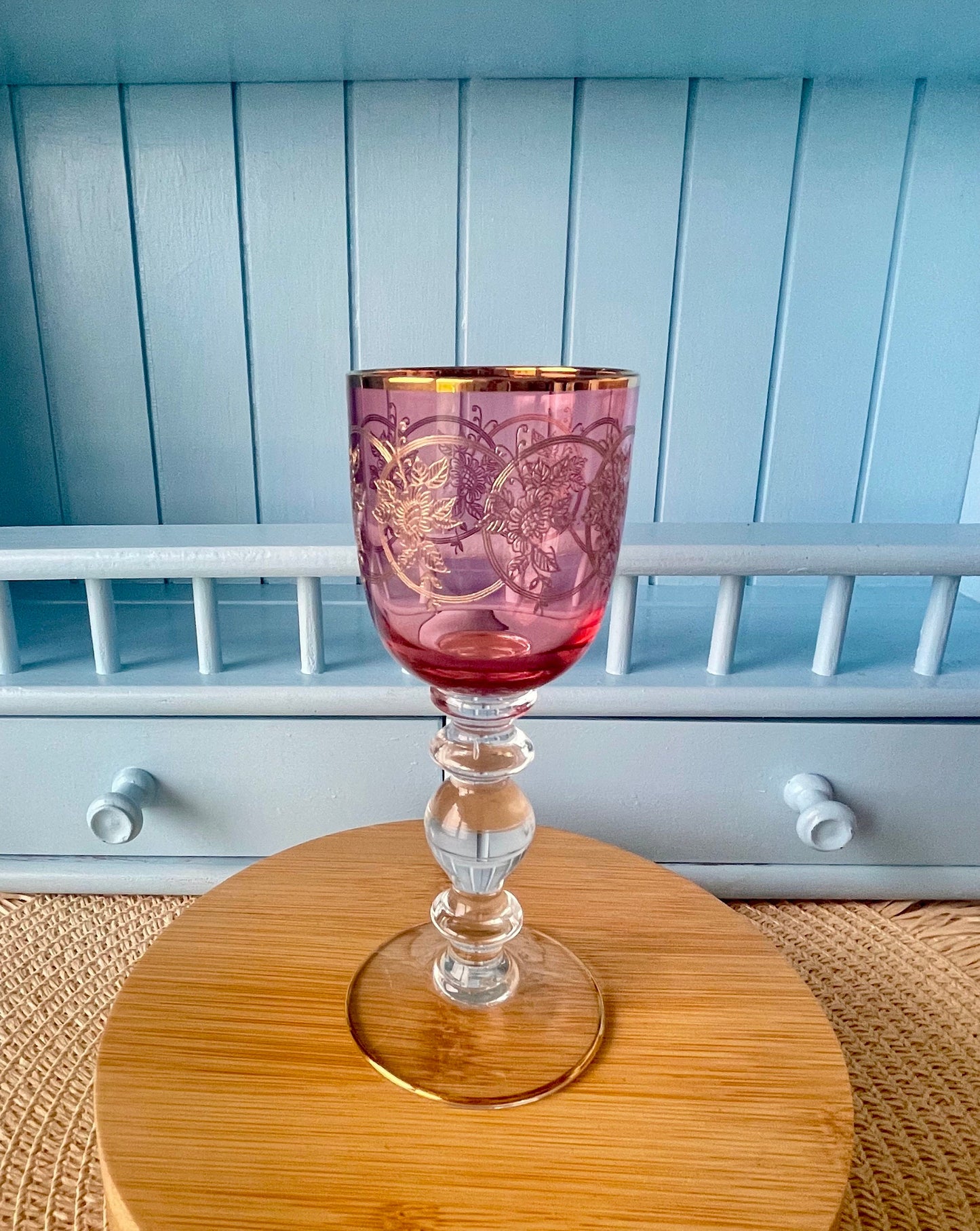 Antique Gold Rimmed Ruby Colored Sherry or Liqueur Glasses, Set of 6 Gold Engraved Glasses, Elegant Gold Detailing, Pre-War Pink/Ruby Glass
