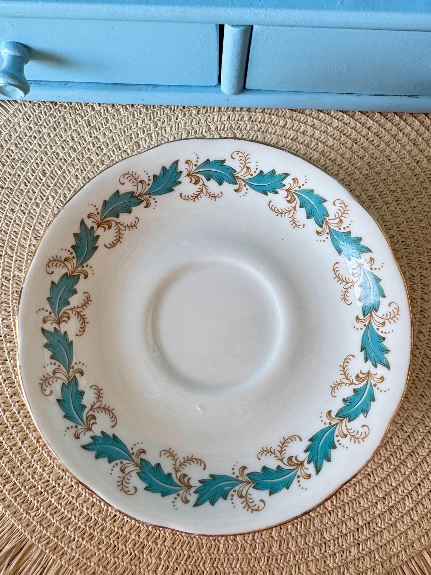 Vintage 1970s Paragon Affection Blue Leafs Gold Duo, Bone China, Floral Blue Leaf Design, Preciously Loved, Appointment HM Queen Elizabeth