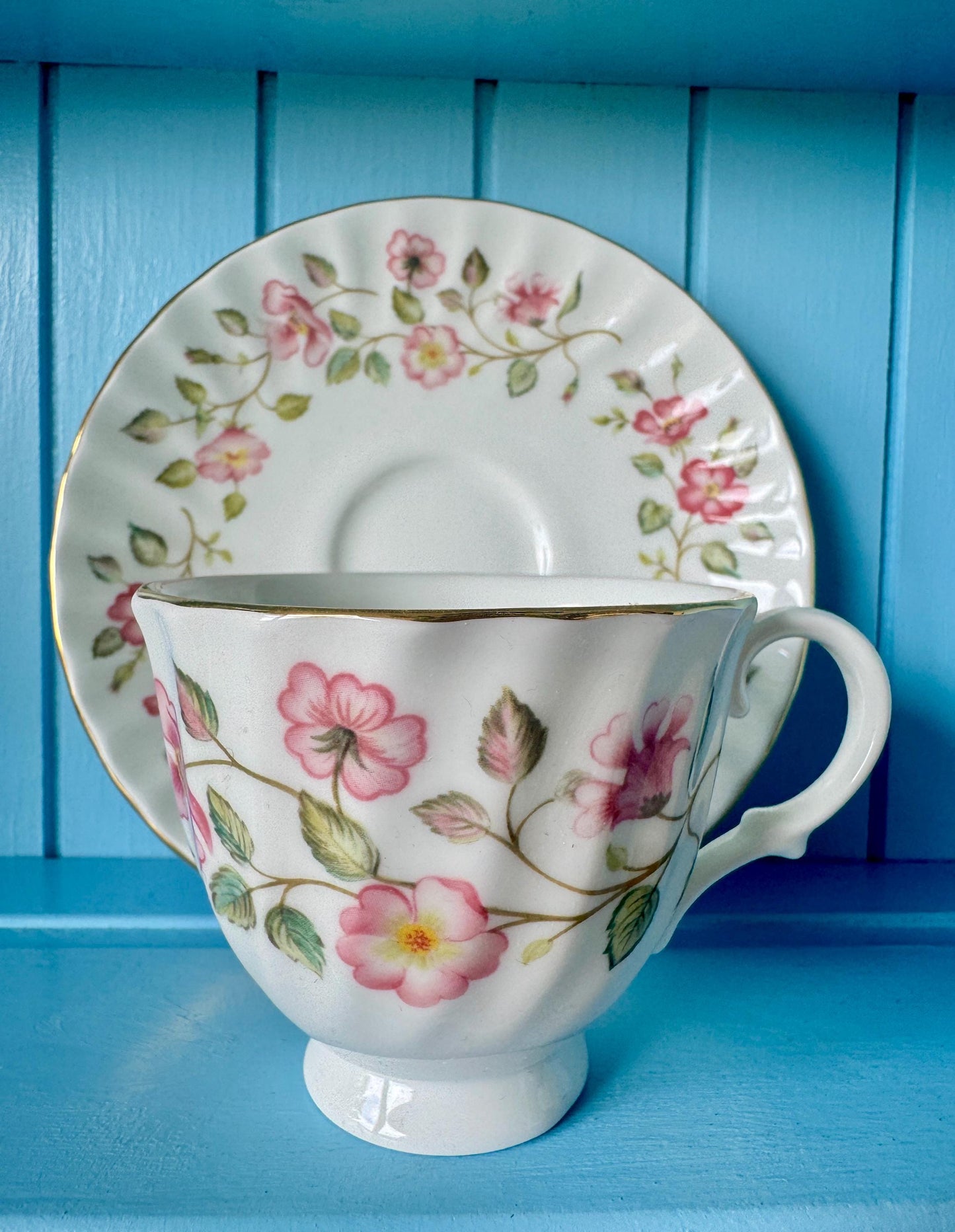 Vintage Colclough Royal Albert Coffee Cup & Saucer Set | Pink Floral Summer Garland | Ribbed Gold Trim | Afternoon Tea Gift, Made in England