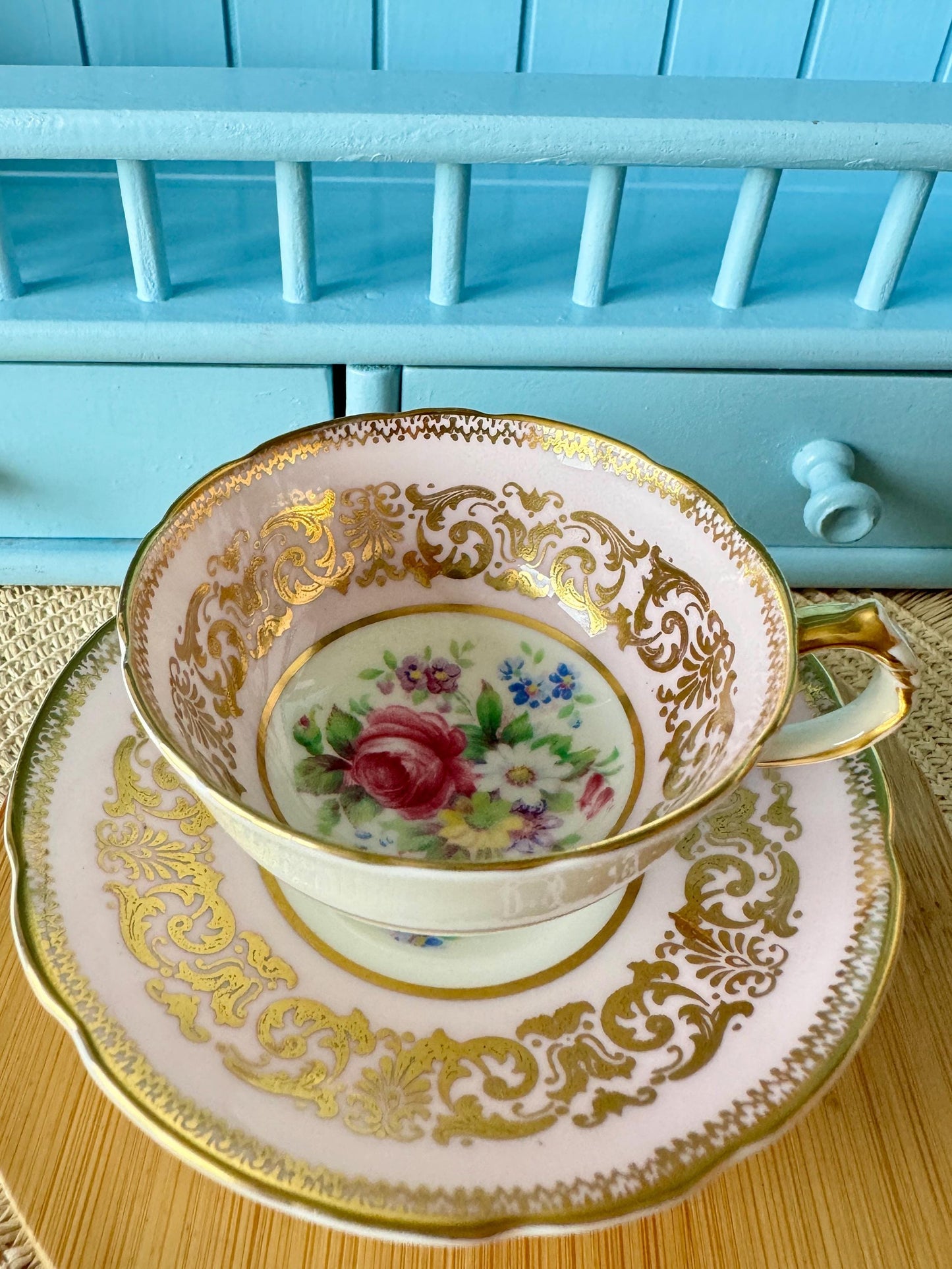 2 Rare Vintage 1940s Paragon Pastel Pink Espresso Cup Saucer, Bone China, Floral Design, by Appointment HM Queen Elizabeth, Double Warrant!