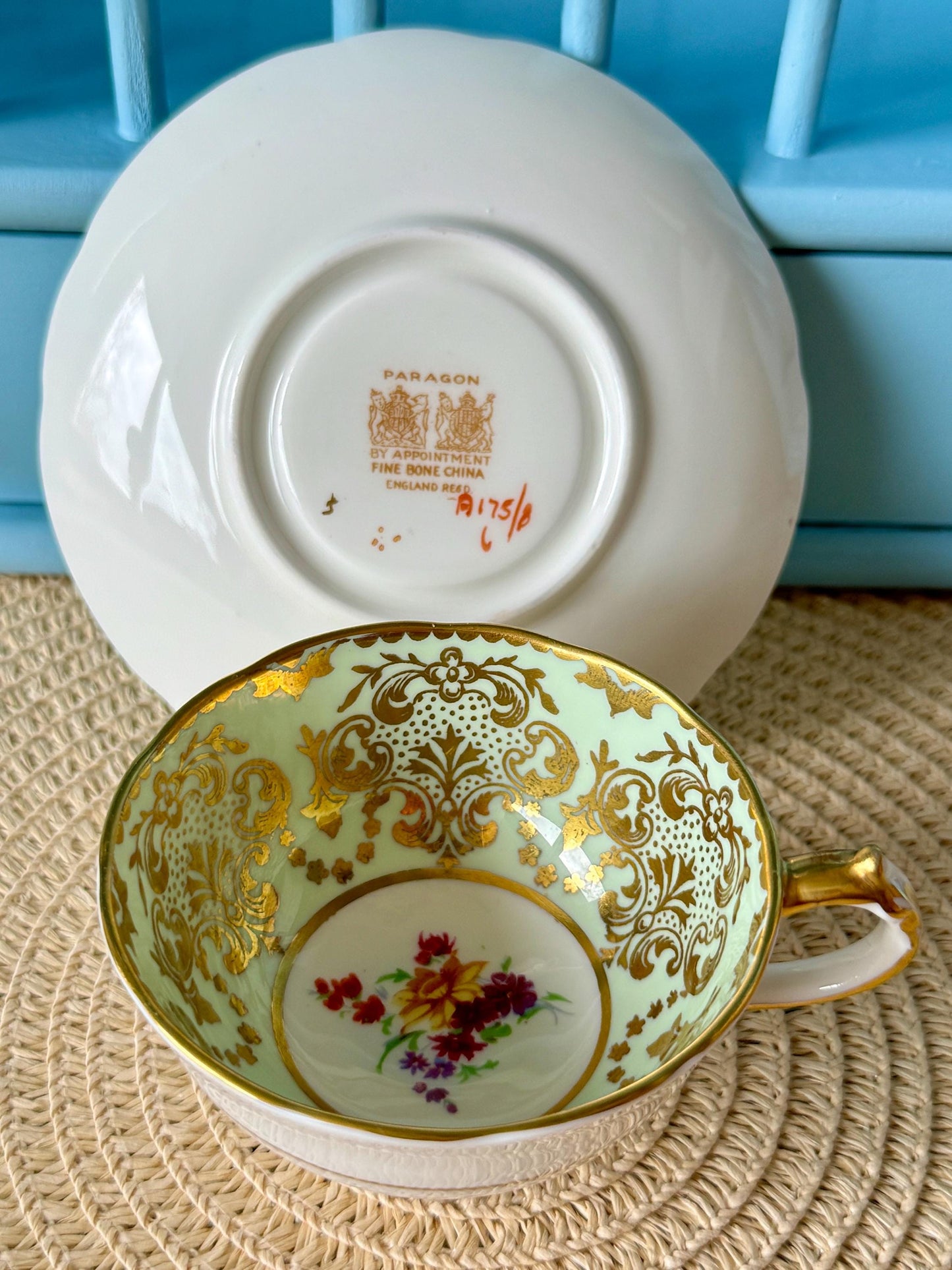 2 Rare Vintage 1940s Paragon Pastel Green Espresso Cup Saucer, Bone China, Floral Design, by Appointment HM Queen Elizabeth, Double Warrant!