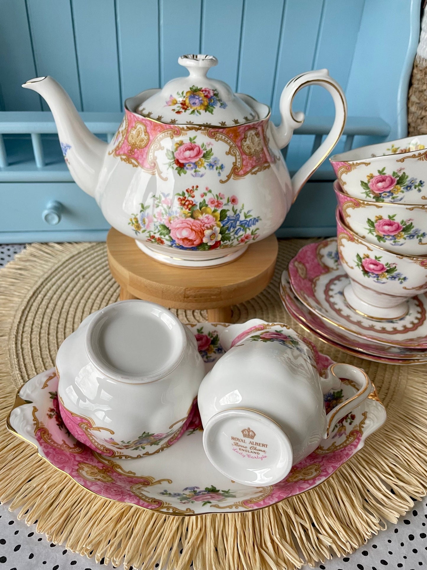 Vintage Royal Albert Tea Set - Lady Carlyle - 12 Piece Porcelain Tea Set for High Tea - Mothers Day Gift -Elegant TeaParty Set - England