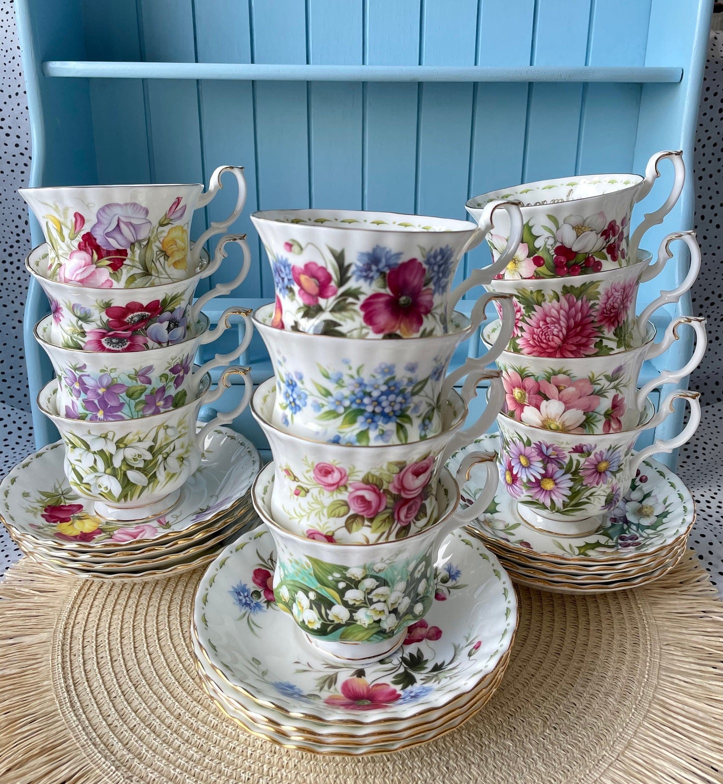 Vintage TeaSet of 12 'Royal Albert' Flower Of The Month Gentleman Sized Cup & Saucer, Fine Bone China, Perfect Gift, Made in England