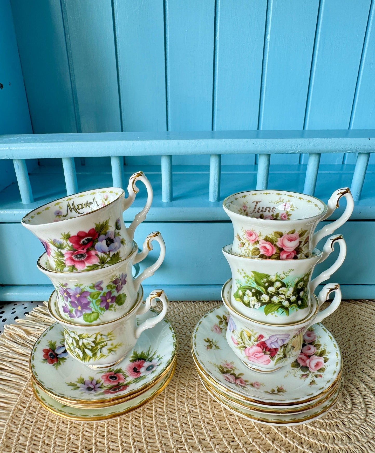 Mini Vintage TeaSet of 12 'Royal Albert' Flower Of The Month Miniature Sized Cup & Saucer, Bone China, Perfect Gift, Set of 12, England