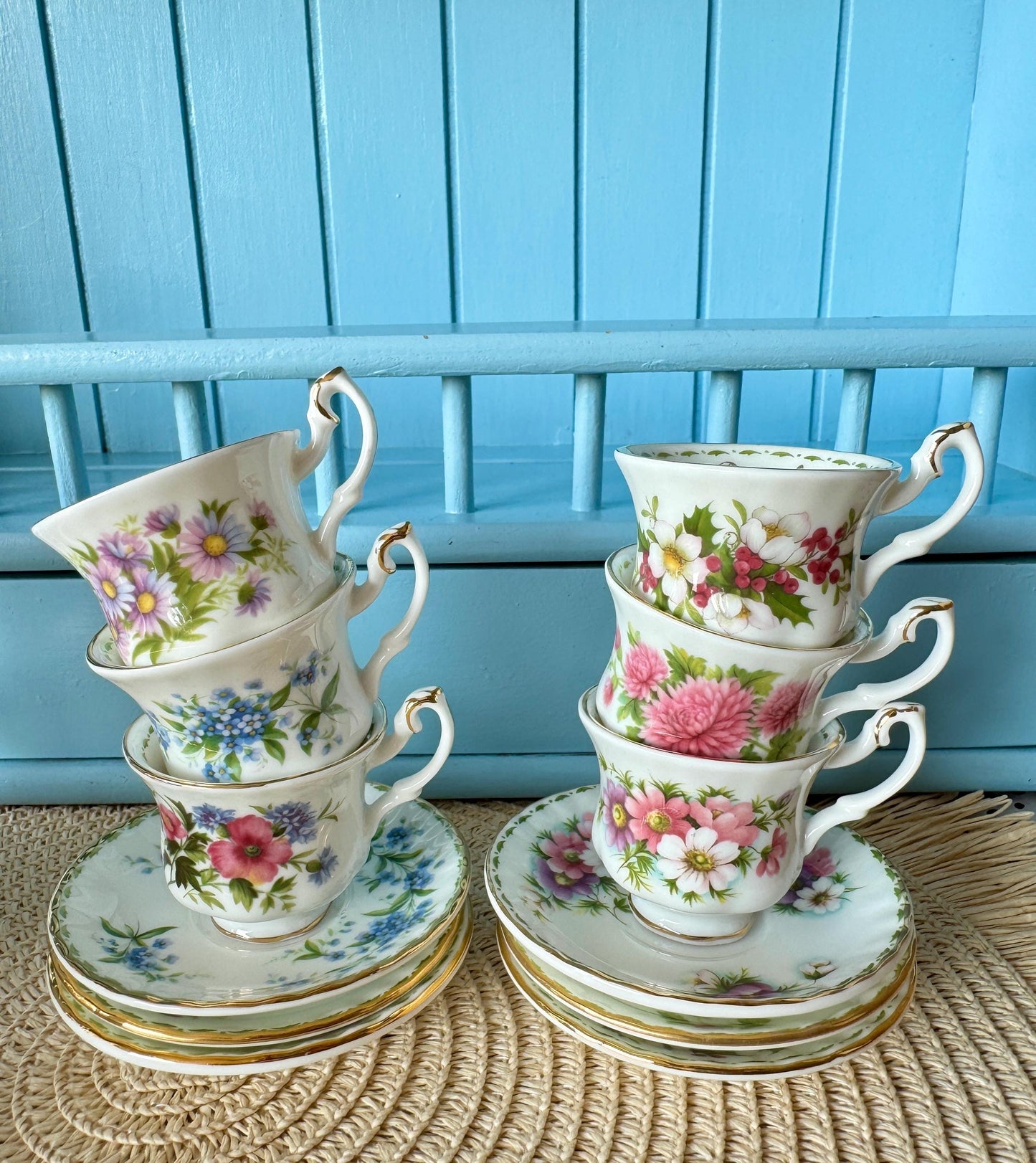 Mini Vintage TeaSet of 12 'Royal Albert' Flower Of The Month Miniature Sized Cup & Saucer, Bone China, Perfect Gift, Set of 12, England