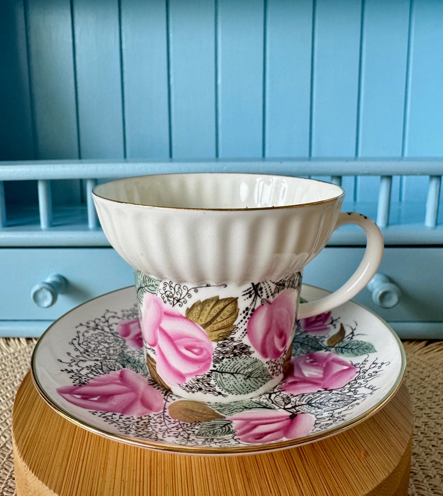 Rare Lomonosov Good Morning Teacup & Saucer | Pink Roses | Wave Model | 1970-1986 | Hand-Painted Bone China | Perfect Gold | Made in Russia