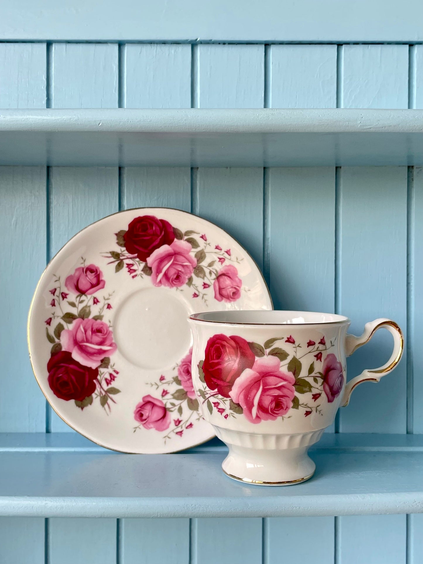 Vintage Queen Anne, Pink and Red Roses Floral Bone Tea Cup and Saucer, Antique English China, Previously Loved, Ribbed Cup, Made in England