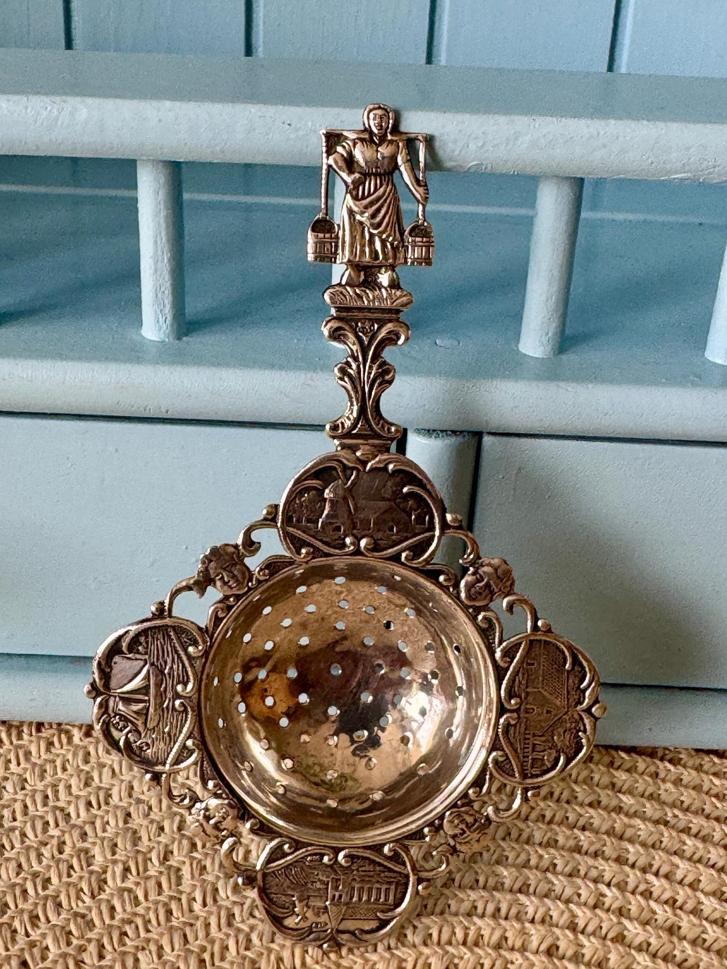Antique Silver Tea Strainer, Early Edwardian Era, Dutch Themed, Milk Maid Handle, Silver Lion & Minerva Hallmarked Vintage Silverware, Dutch