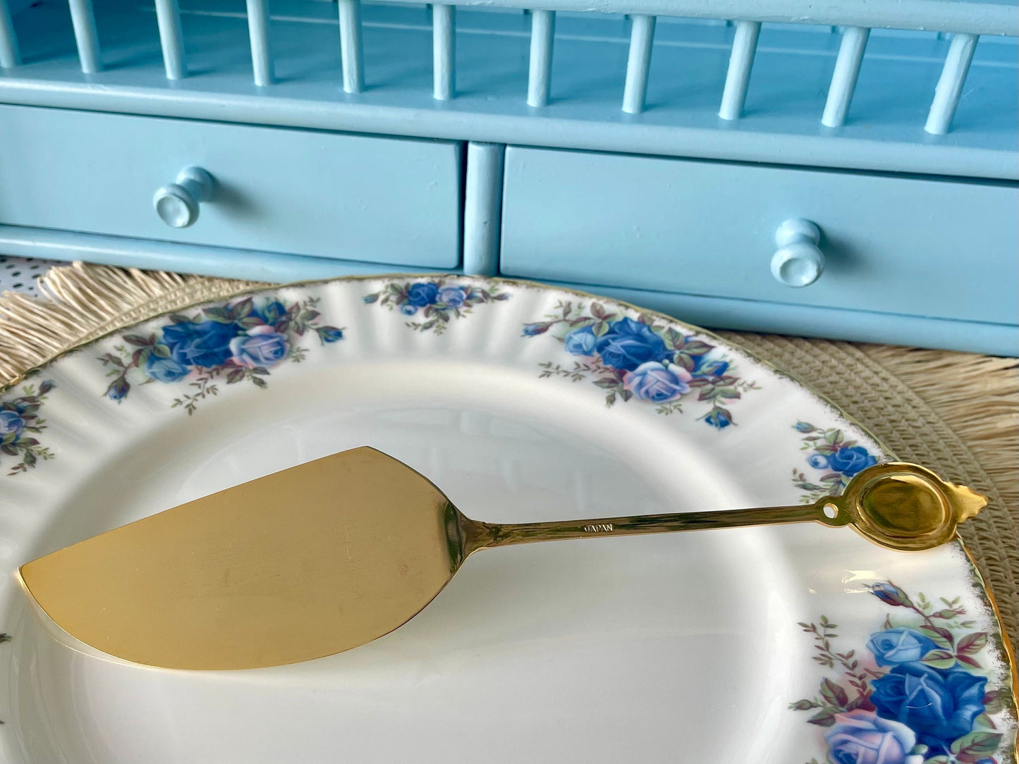 Hard to Find and Very Collectible Royal Albert "Moonlight Rose" Gold Plated Cake Knife with Blue Roses Decor, Cake Slicer, Made in Japan