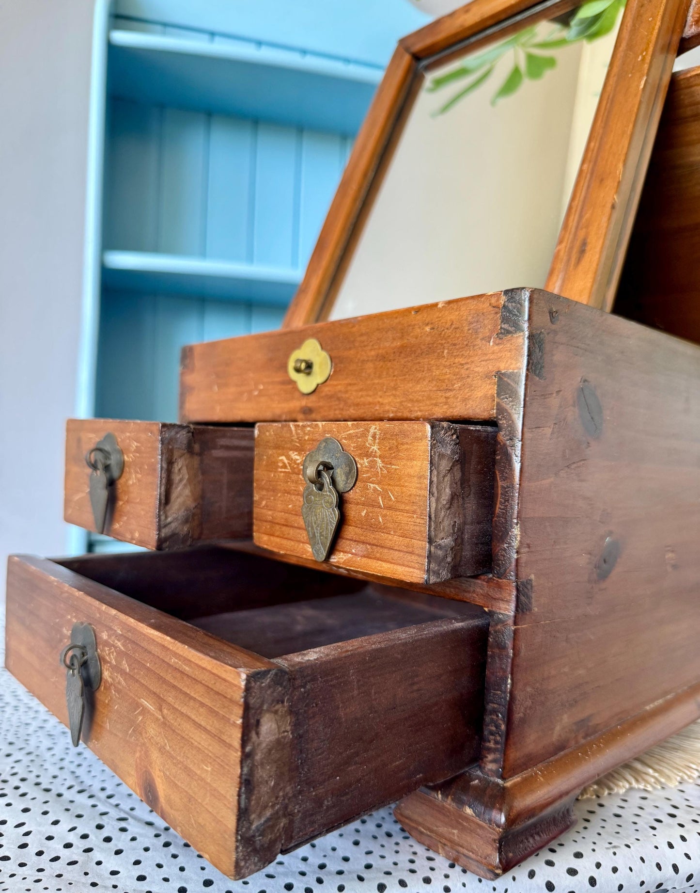 Apothecary Cabinet With Mirror, Antique Storage Unit, Colonial Solid Wooden Chest With Drawers, Oak Desktop Organizer, Shaving Cabinet
