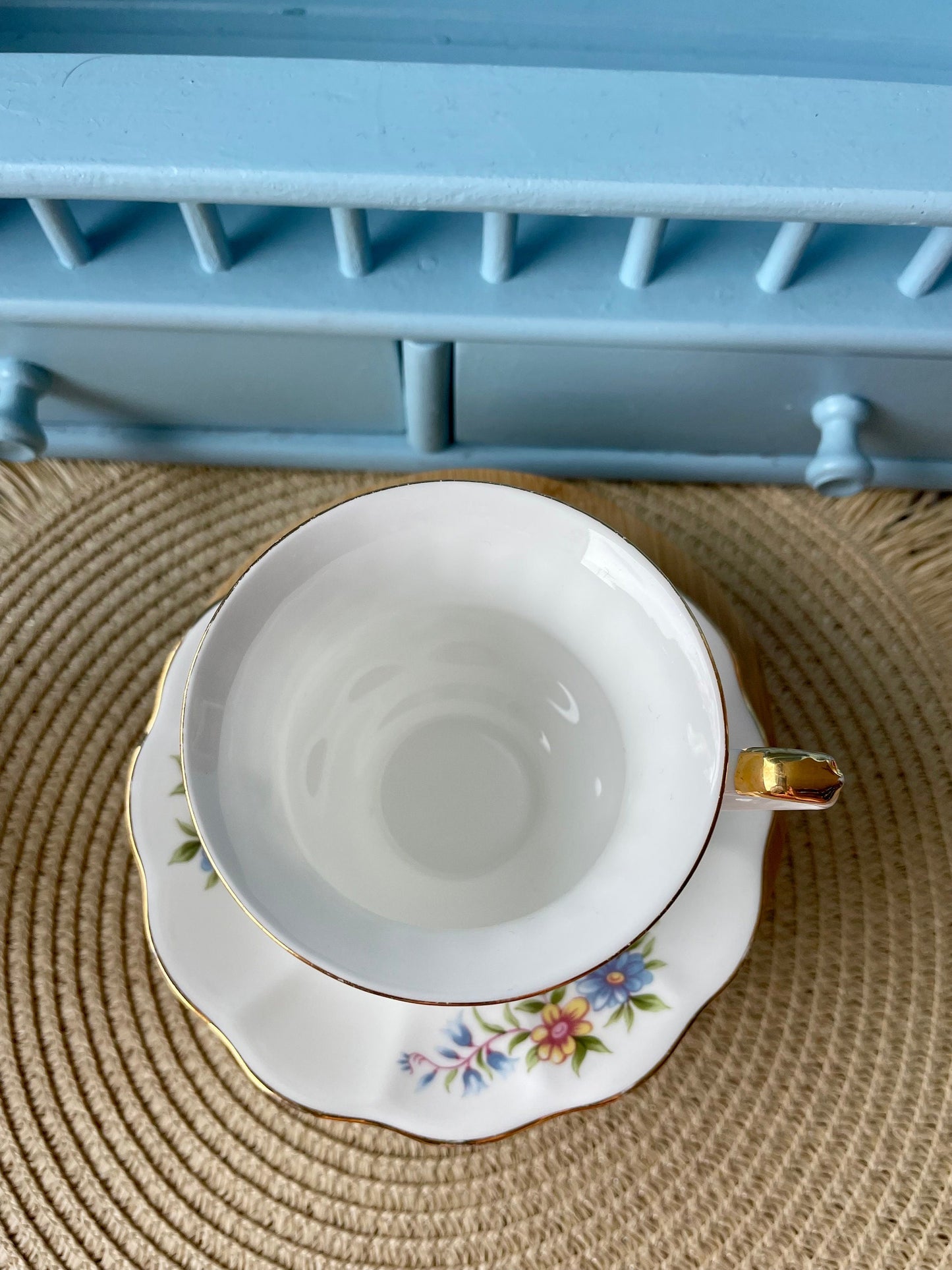 Vintage 'Royal Ascot' Blue Velvet Tea Cup And Saucer, Made In England. Fine Bone China, Previously Loved Vintage Cup, Antique British TeaCup