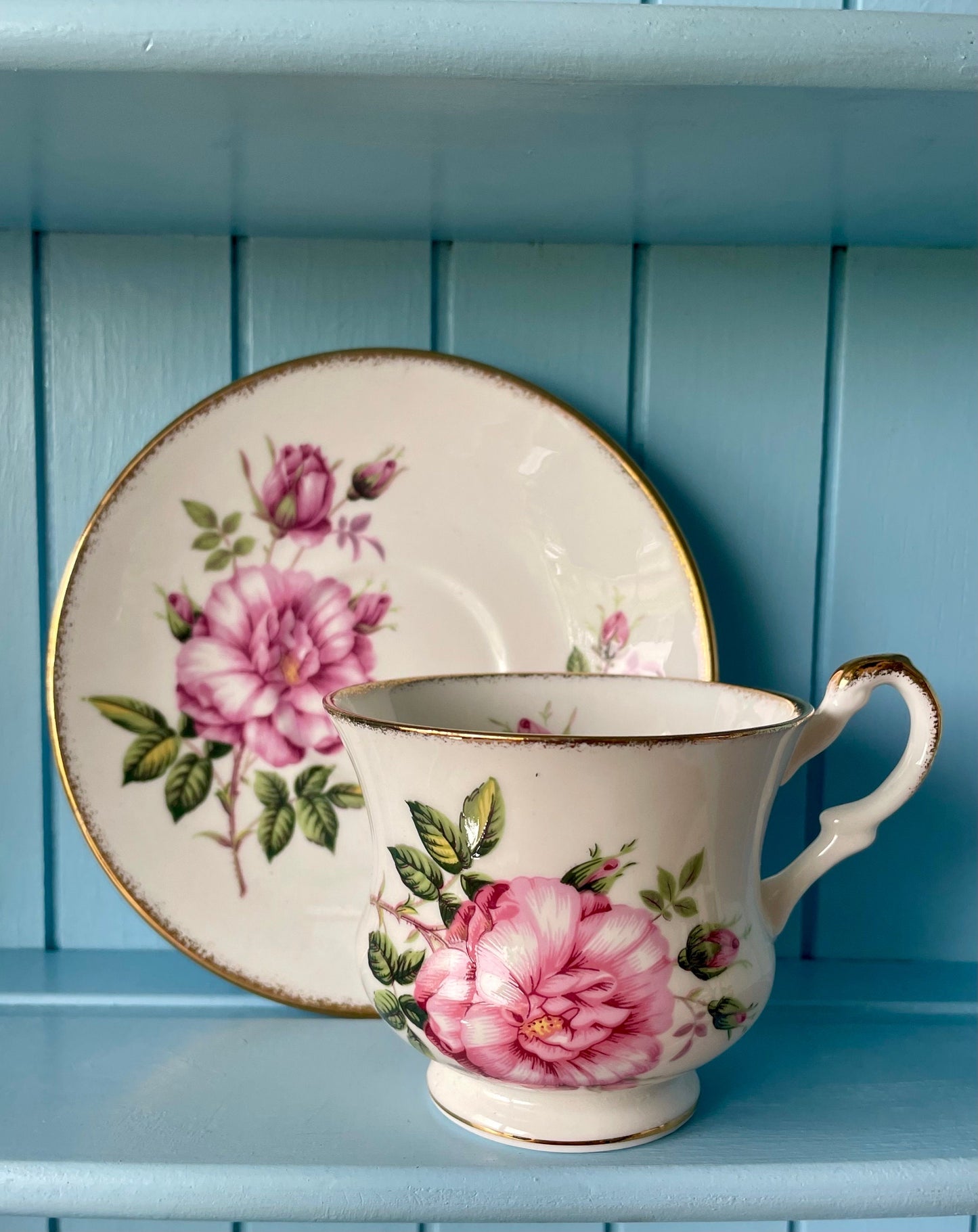 Vintage Queens, Pink Roses Floral Bone Tea Cup and Saucer, Antique English China, Previously Loved Footed Cup, Perfect Gold, Made in England