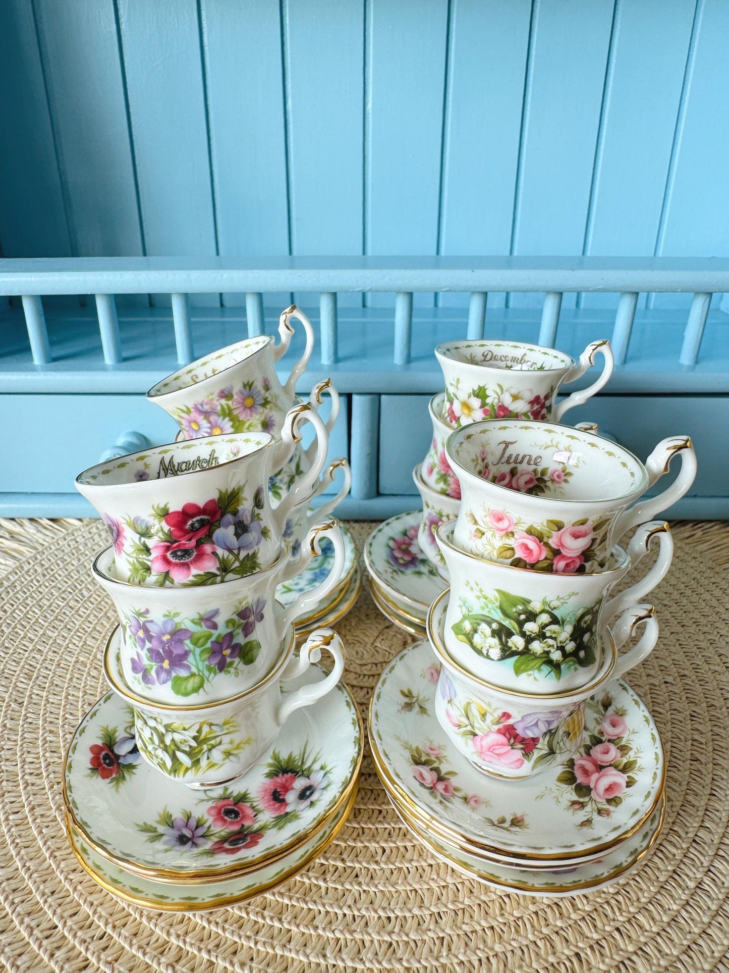 Mini Vintage TeaSet of 12 'Royal Albert' Flower Of The Month Miniature Sized Cup & Saucer, Bone China, Perfect Gift, Set of 12, England