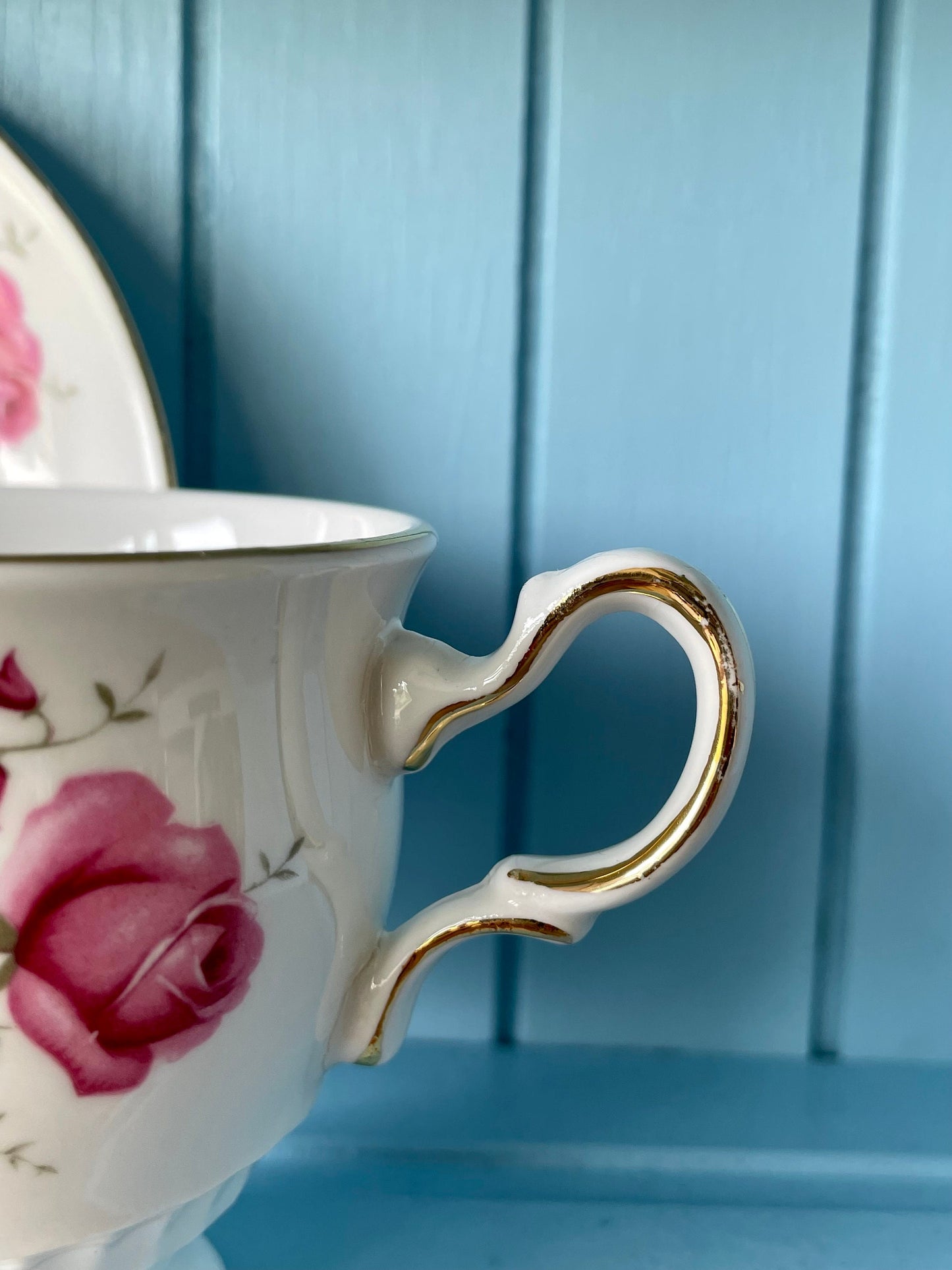 Vintage Queen Anne, Pink and Red Roses Floral Bone Tea Cup and Saucer, Antique English China, Previously Loved, Ribbed Cup, Made in England