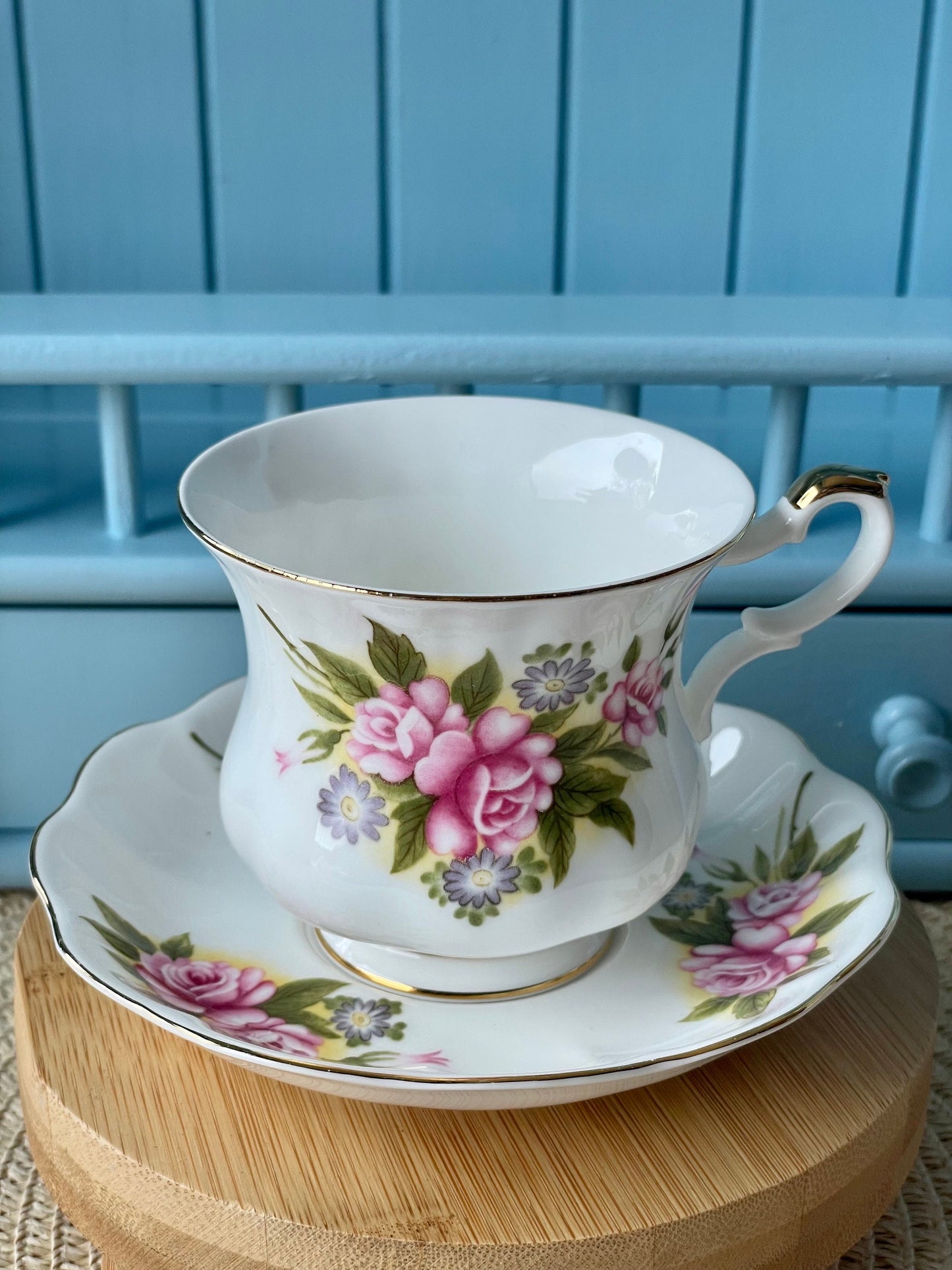 Vintage 'Royal Ascot' Rose Basket Tea Cup And Saucer, Made In England. Fine Bone China, Previously Loved Vintage Cup, Antique British TeaCup