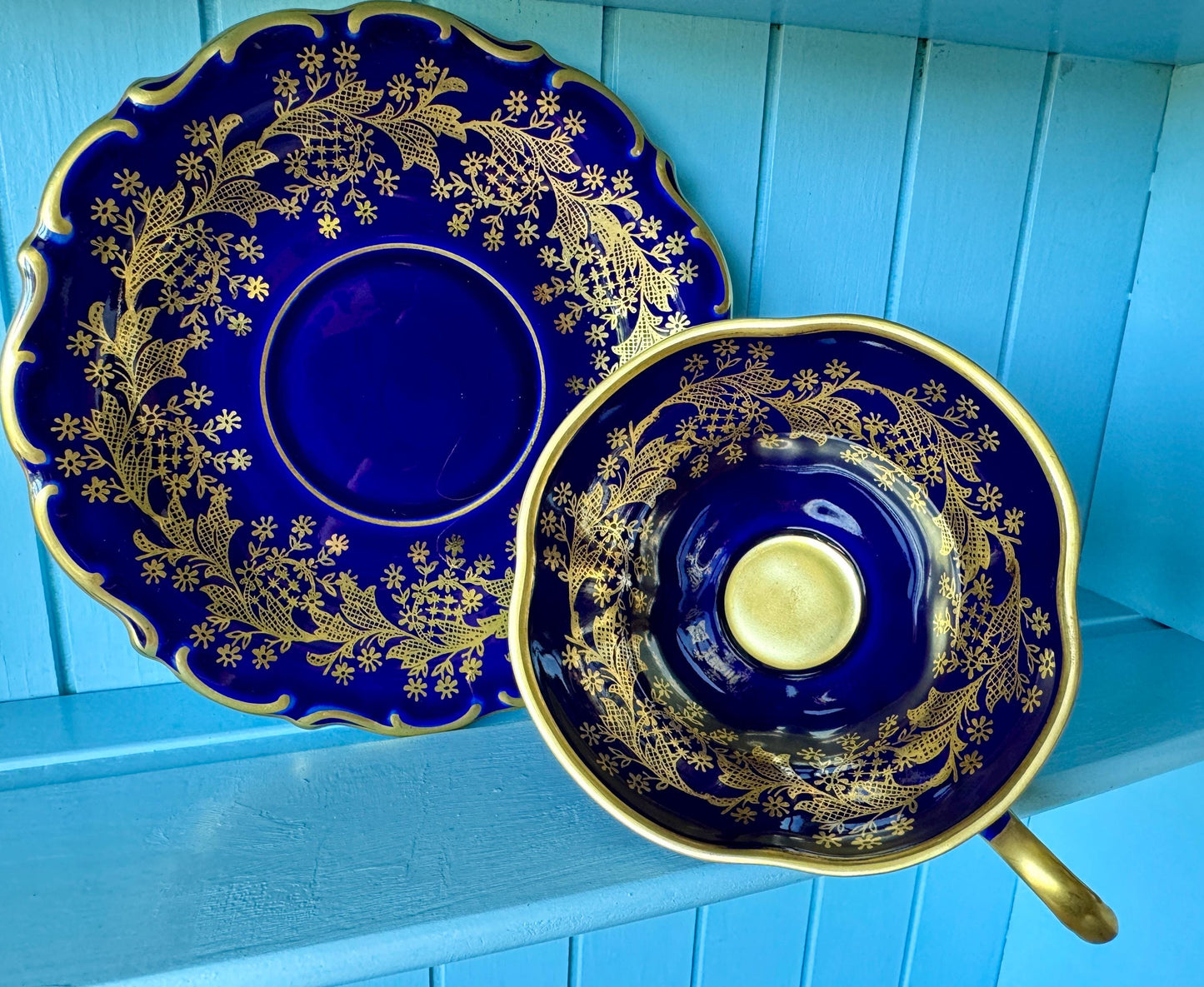 Very Rare Hard to Find Mint Condition, Vintage Lindner Kueps Bavaria Made in Germany Real Cobalt EspressoCup &Saucer, Kobalt Blue, 24 karat