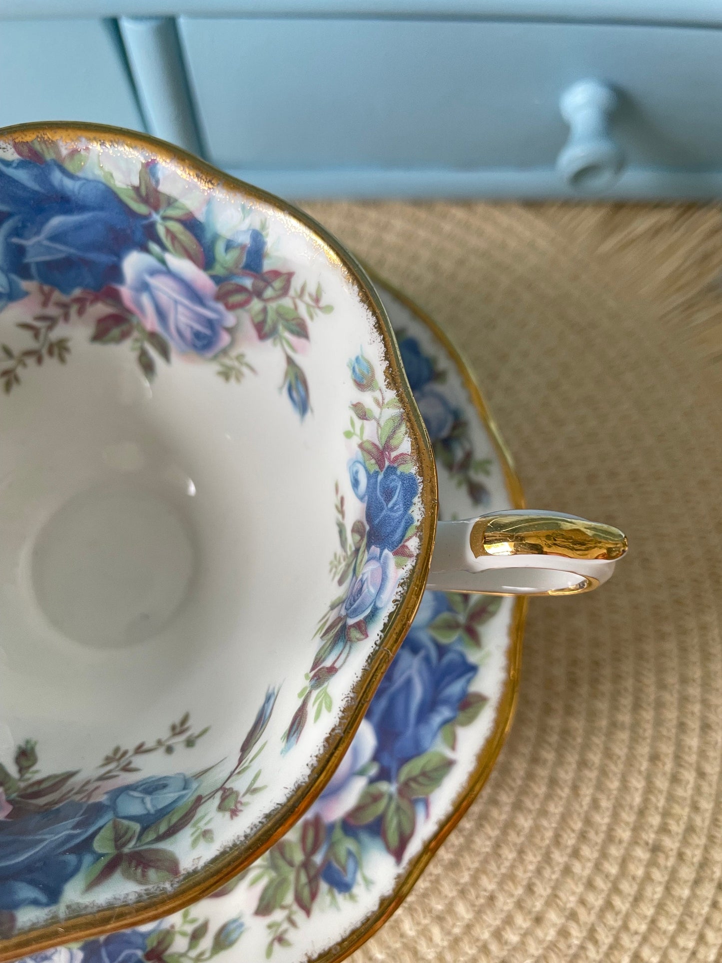 Pristine Avon Shaped Royal Albert "Moonlight Rose" Teacup & Saucer, Fine Bone China, Blue Roses Decor, Highly Sought After, Made in England