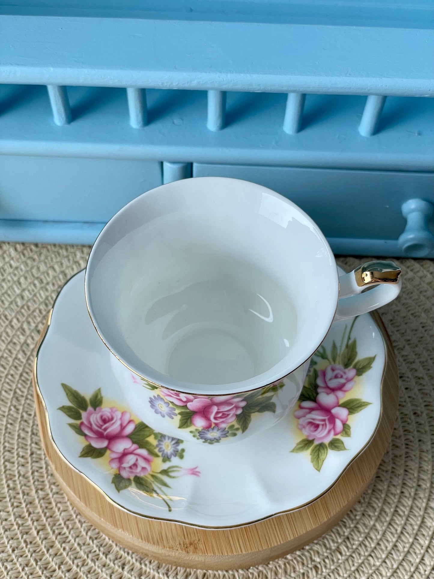 Vintage 'Royal Ascot' Rose Basket Tea Cup And Saucer, Made In England. Fine Bone China, Previously Loved Vintage Cup, Antique British TeaCup