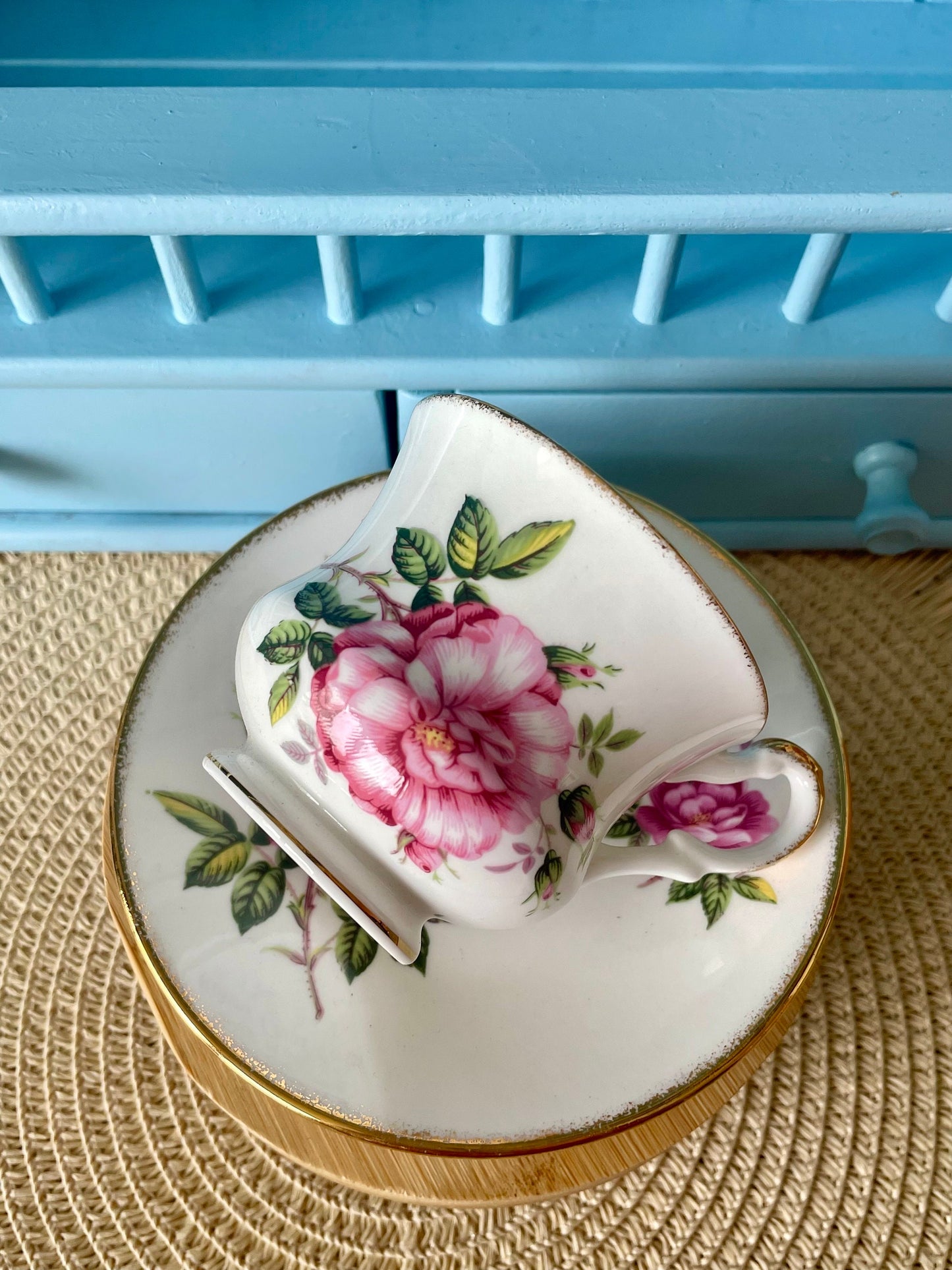 Vintage Queens, Pink Roses Floral Bone Tea Cup and Saucer, Antique English China, Previously Loved Footed Cup, Perfect Gold, Made in England
