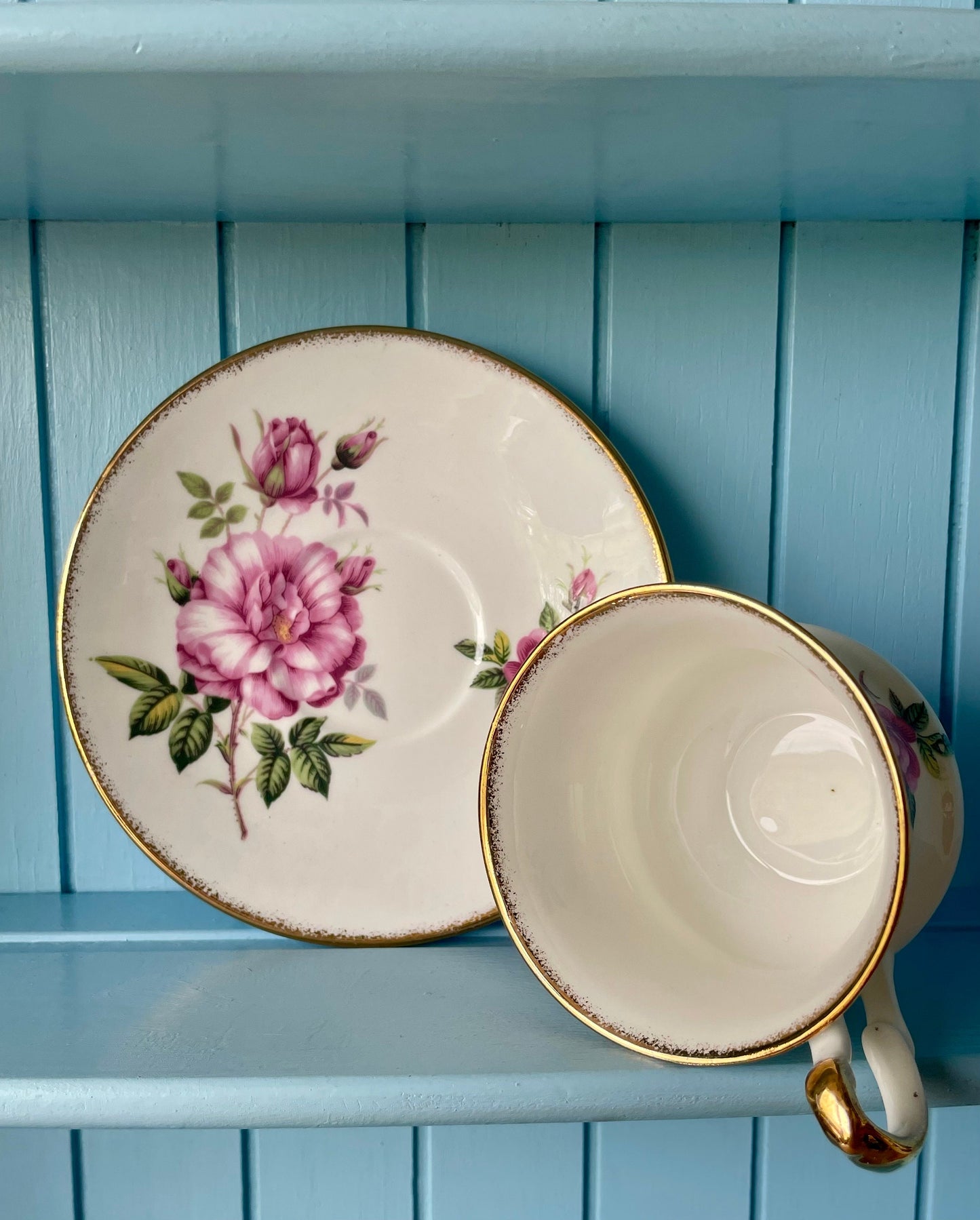 Vintage Queens, Pink Roses Floral Bone Tea Cup and Saucer, Antique English China, Previously Loved Footed Cup, Perfect Gold, Made in England