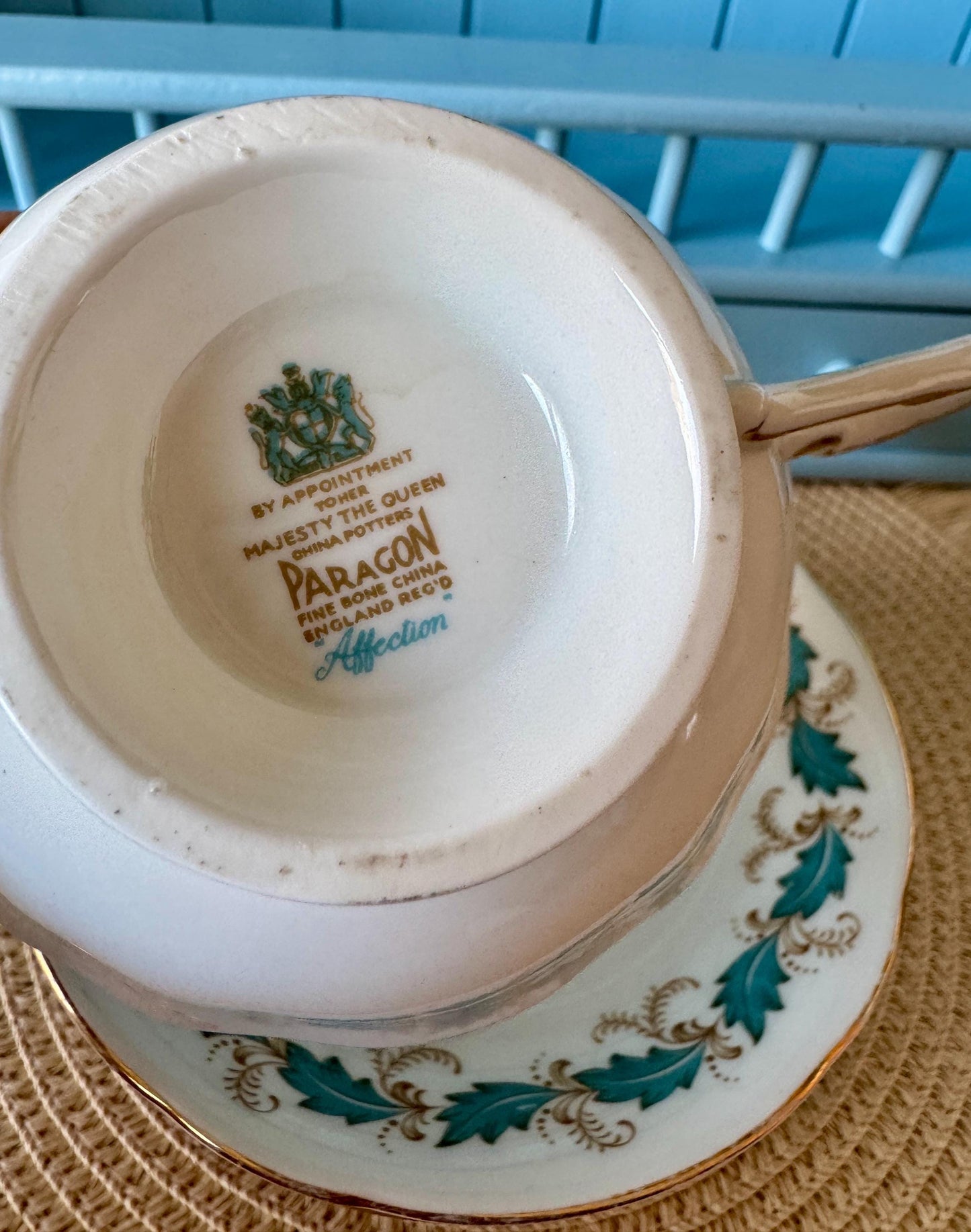 Vintage 1970s Paragon Affection Blue Leafs Gold Duo, Bone China, Floral Blue Leaf Design, Preciously Loved, Appointment HM Queen Elizabeth