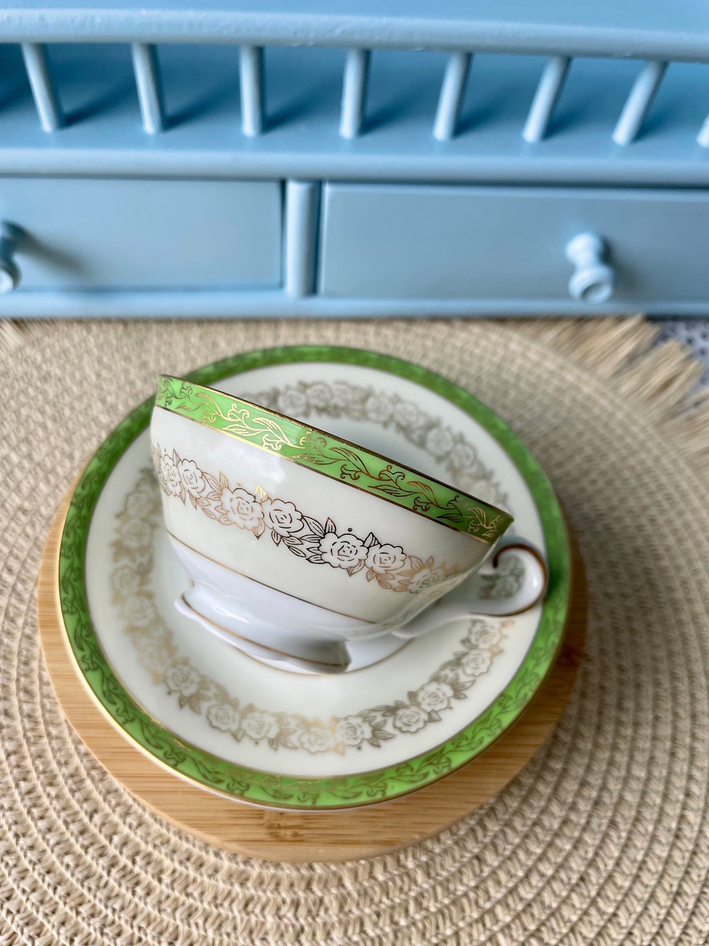 Elegance & Charm: Vintage Hanson Porcelain Espresso Cup Set with Delicate Golden Flowers On Pastel Green, Previously Loved, Made in England